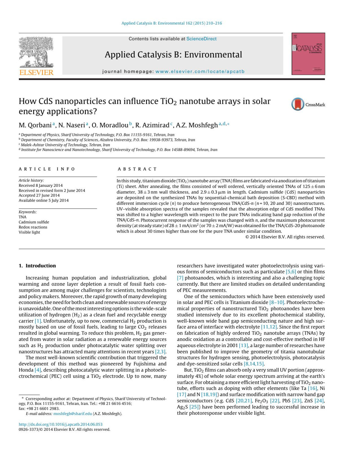 How Cds Nanoparticles Can Influence Tio2 Nanotube Arrays In Solar Energy Applications M Qorbani N Naseri O Moradlou R Azimirad Az Moshfegh