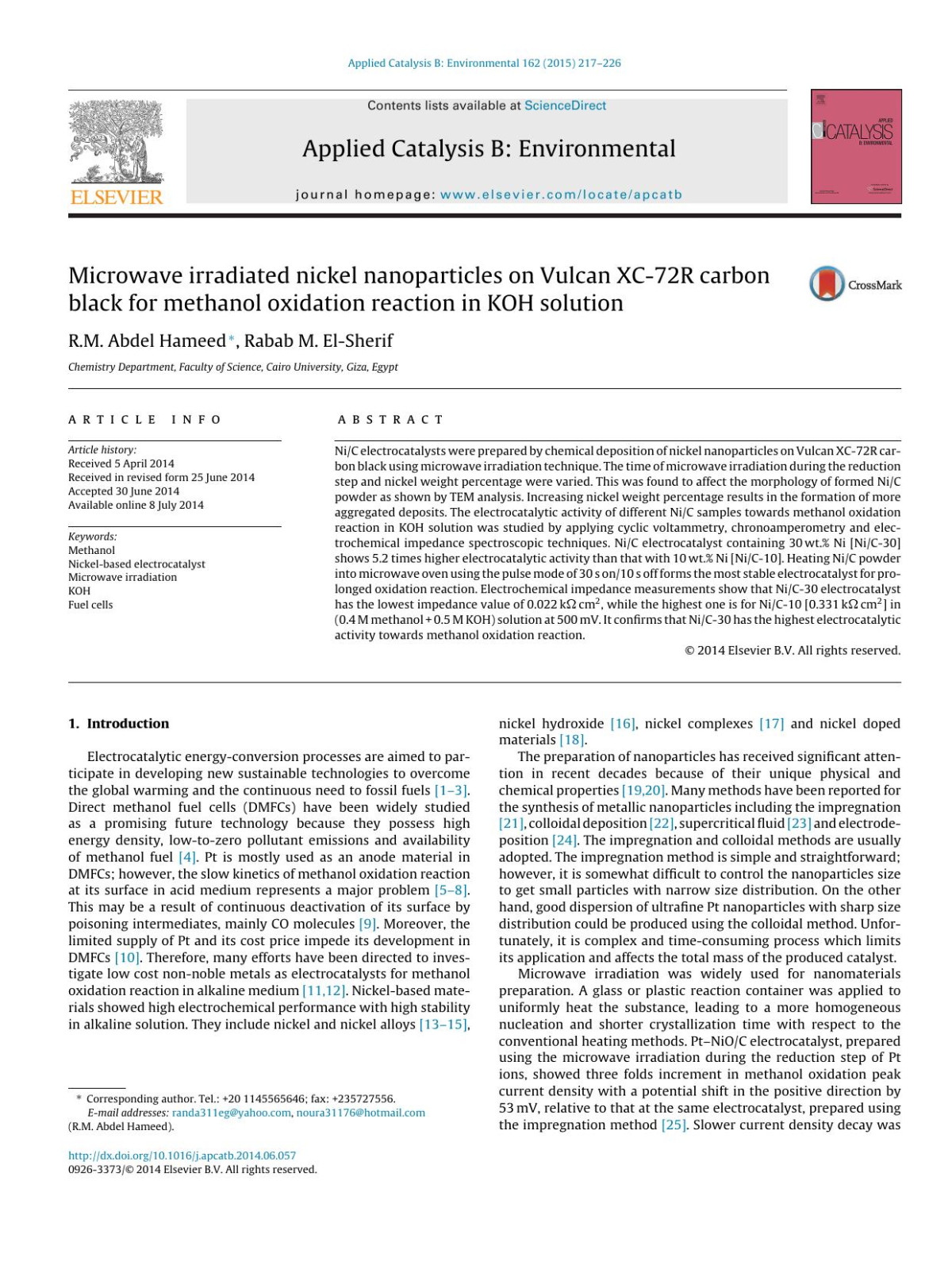 Microwave Irradiated Nickel Nanoparticles On Vulcan Xc72r Carbon Black For Methanol Oxidation Reaction In Koh Solution Rm Abdel Hameed Rabab M Elsherif