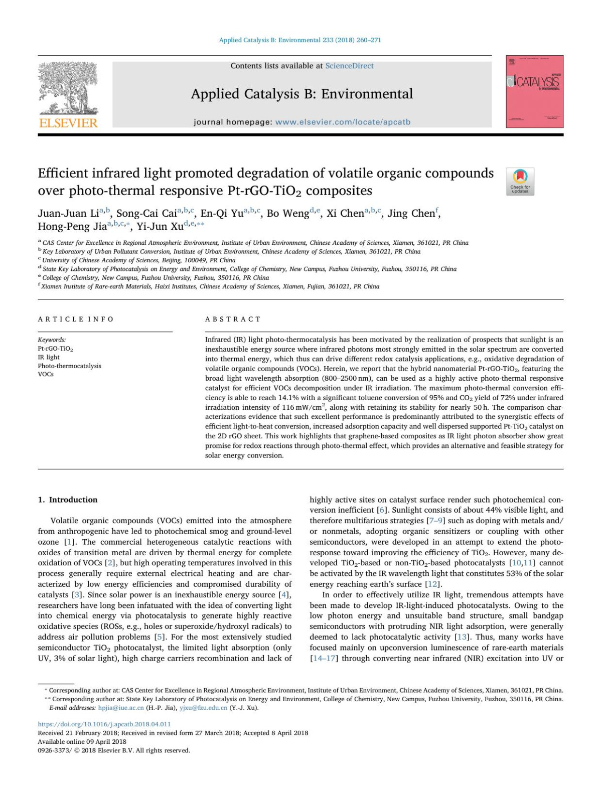 Efficient Infrared Light Promoted Degradation Of Volatile Organic Compounds Over Photothermal Responsive Ptrgotio2 Composites Juanjuan Li Songcai Cai Enqi Yu Bo Weng Xi Chen Jing Chen Hongpeng Jia Yijun Xu