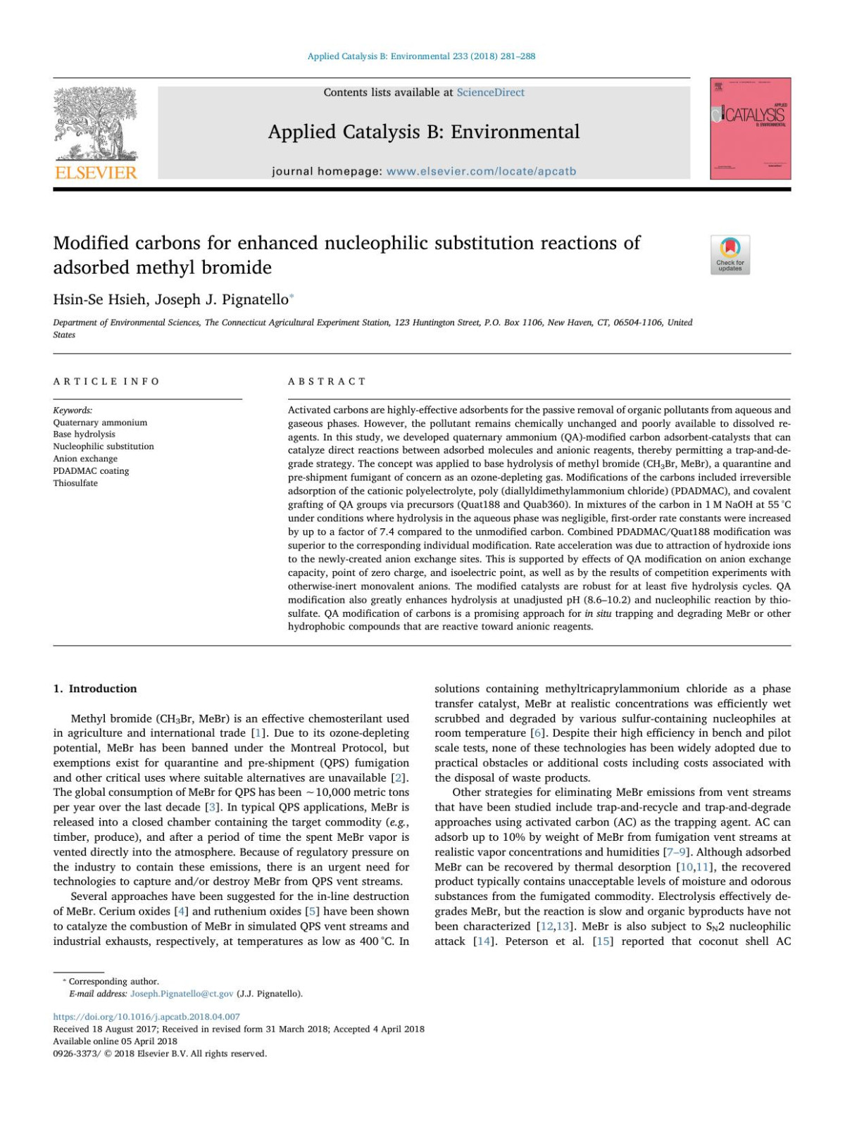 Modified Carbons For Enhanced Nucleophilic Substitution Reactions Of Adsorbed Methyl Bromide Hsinse Hsieh Joseph J Pignatello