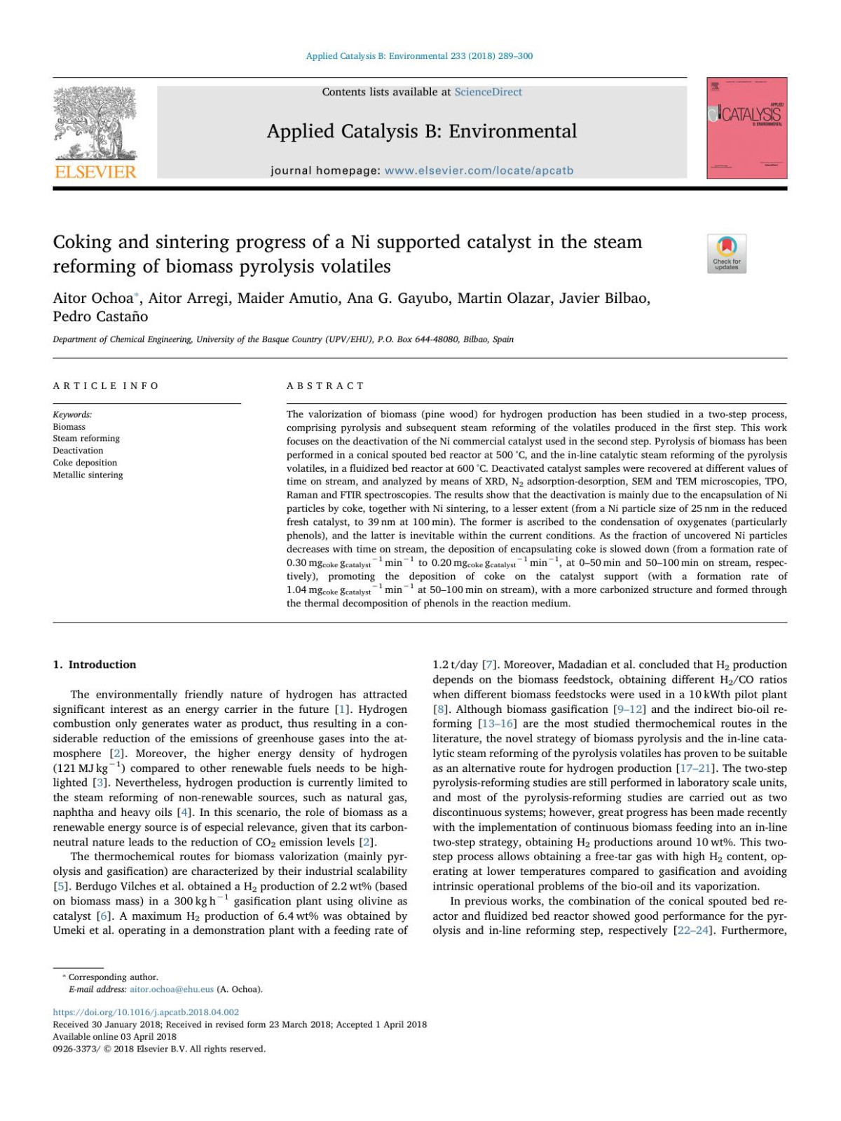 Coking And Sintering Progress Of A Ni Supported Catalyst In The Steam Reforming Of Biomass Pyrolysis Volatiles Aitor Ochoa Aitor Arregi Maider Amutio Ana G Gayubo Martin Olazar Javier Bilbao Pedro Castao