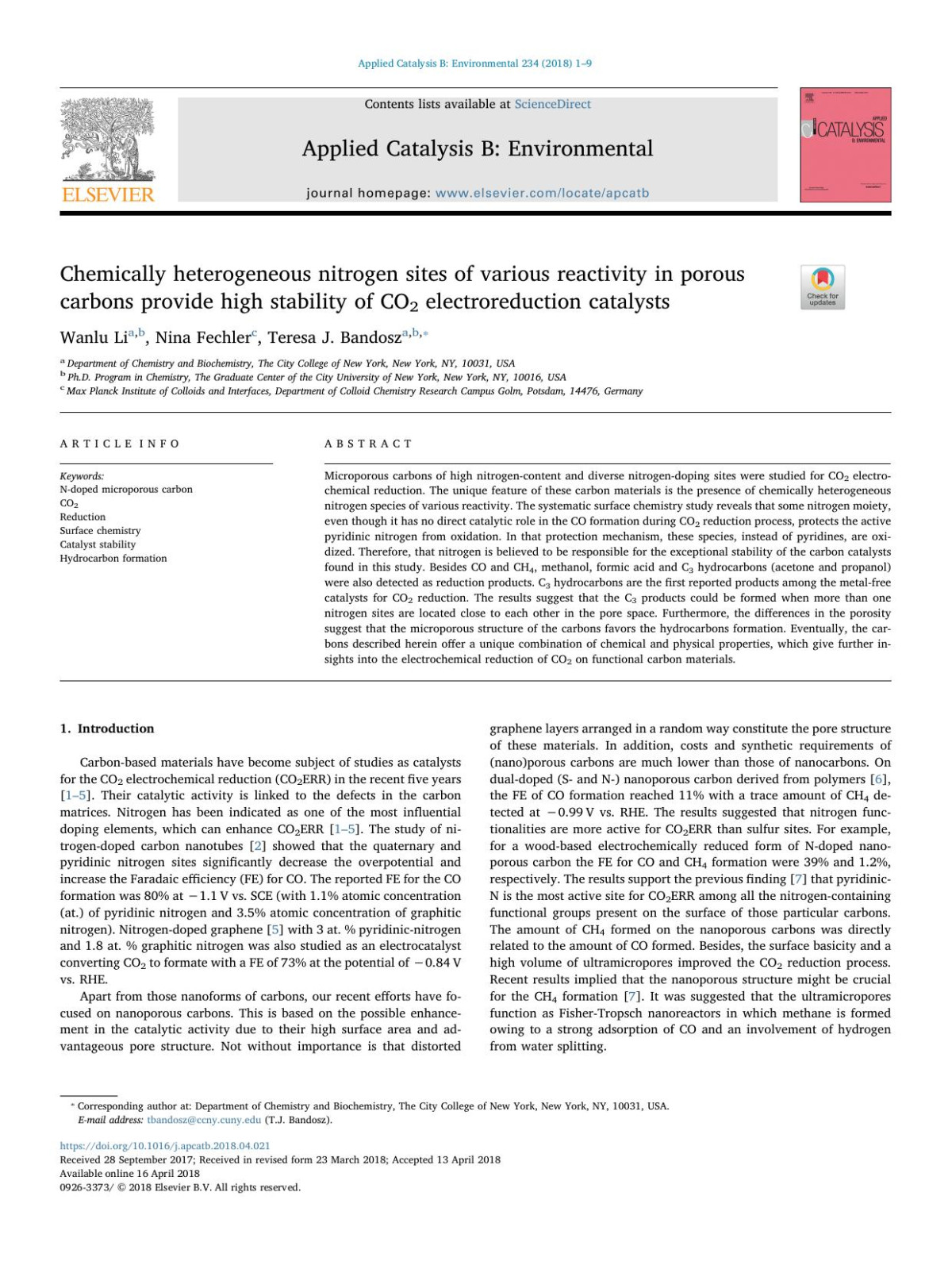 Chemically Heterogeneous Nitrogen Sites Of Various Reactivity In Porous Carbons Provide High Stability Of Co2 Electroreduction Catalysts Wanlu Li Nina Fechler Teresa J Bandosz