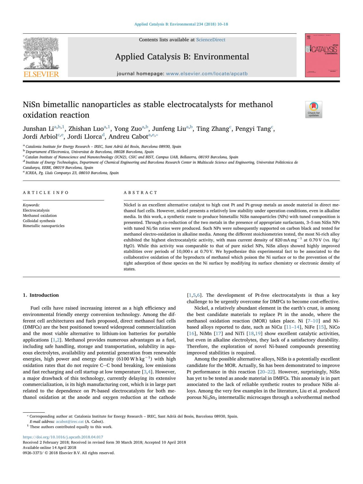 Nisn Bimetallic Nanoparticles As Stable Electrocatalysts For Methanol Oxidation Reaction Junshan Li Zhishan Luo Yong Zuo Junfeng Liu Ting Zhang Pengyi Tang Jordi Arbiol Jordi Llorca Andreu Cabot