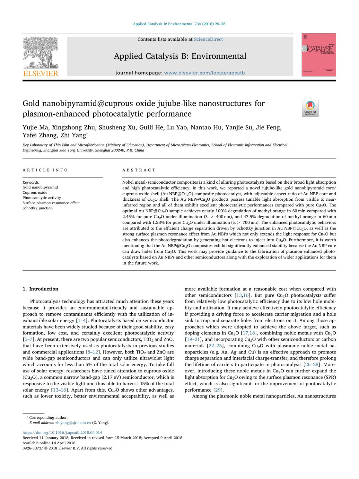 Gold Nanobipyramidcuprous Oxide Jujubelike Nanostructures For Plasmonenhanced Photocatalytic Performance Yujie Ma Xingzhong Zhu Shusheng Xu Guili He Lu Yao Nantao Hu Yanjie Su Jie Feng Yafei Zhang Zhi Yang