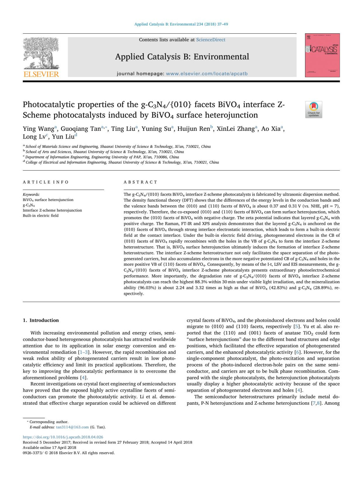 Photocatalytic Properties Of The Gc3n4010 Facets Bivo4 Interface Zscheme Photocatalysts Induced By Bivo4 Surface Heterojunction Ying Wang Guoqiang Tan Ting Liu Yuning Su Huijun Ren Xinlei Zhang Ao Xia Long Lv Yun Liu