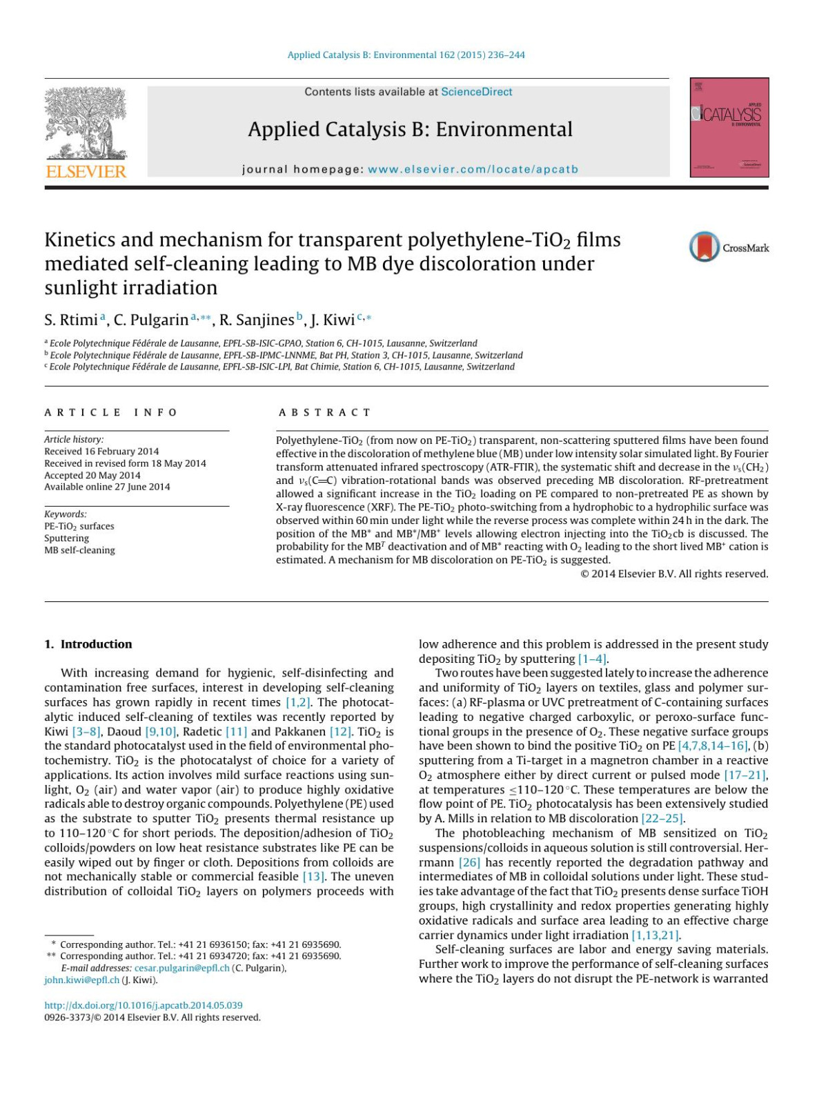 Kinetics And Mechanism For Transparent Polyethylenetio2 Films Mediated Selfcleaning Leading To Mb Dye Discoloration Under Sunlight Irradiation S Rtimi C Pulgarin R Sanjines J Kiwi