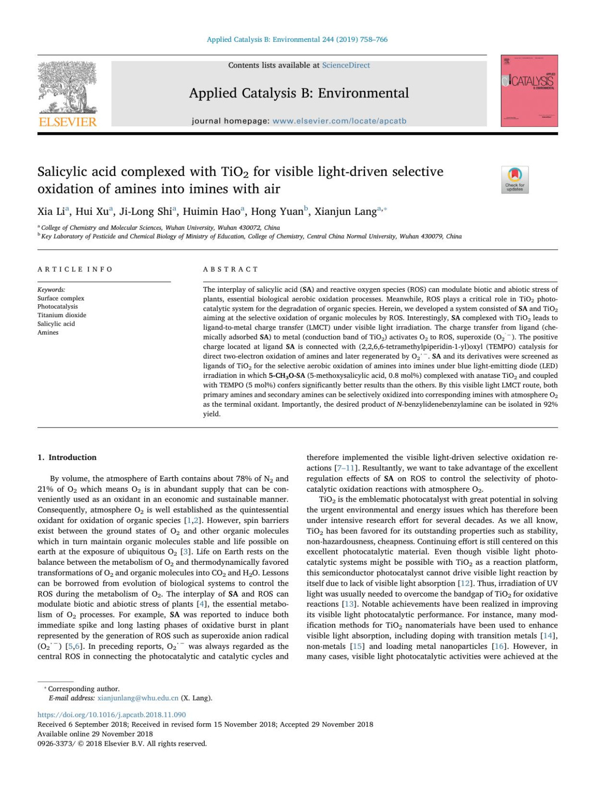 Salicylic Acid Complexed With Tio2 For Visible Lightdriven Selective Oxidation Of Amines Into Imines With Air Xia Li Hui Xu Jilong Shi Huimin Hao Hong Yuan Xianjun Lang