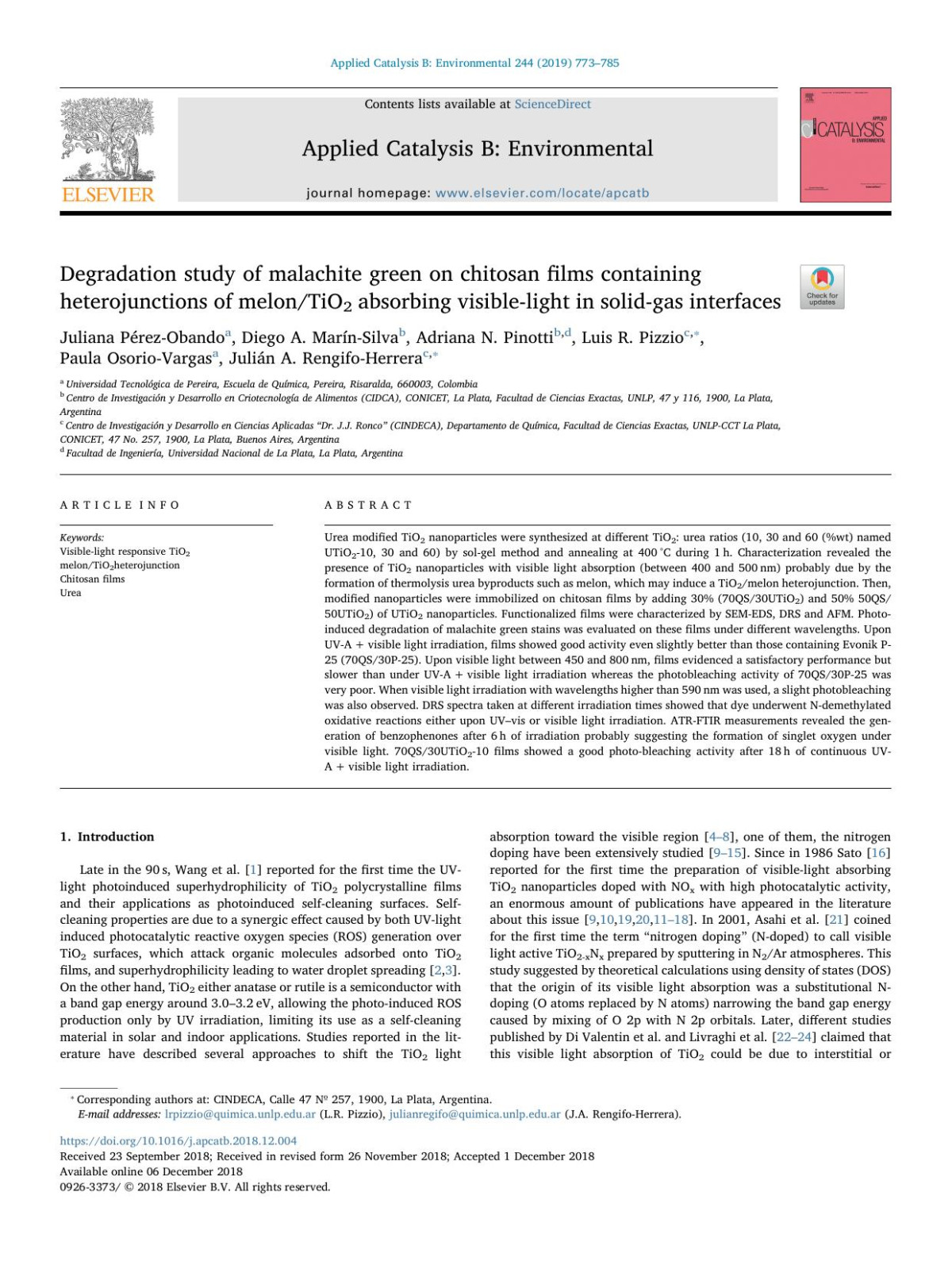 Degradation Study Of Malachite Green On Chitosan Films Containing Heterojunctions Of Melontio2 Absorbing Visiblelight In Solidgas Interfaces Juliana Prezobando Diego A Marnsilva Adriana N Pinotti Luis R Pizzio Paula Osoriovargas Julin A Rengifoherrera
