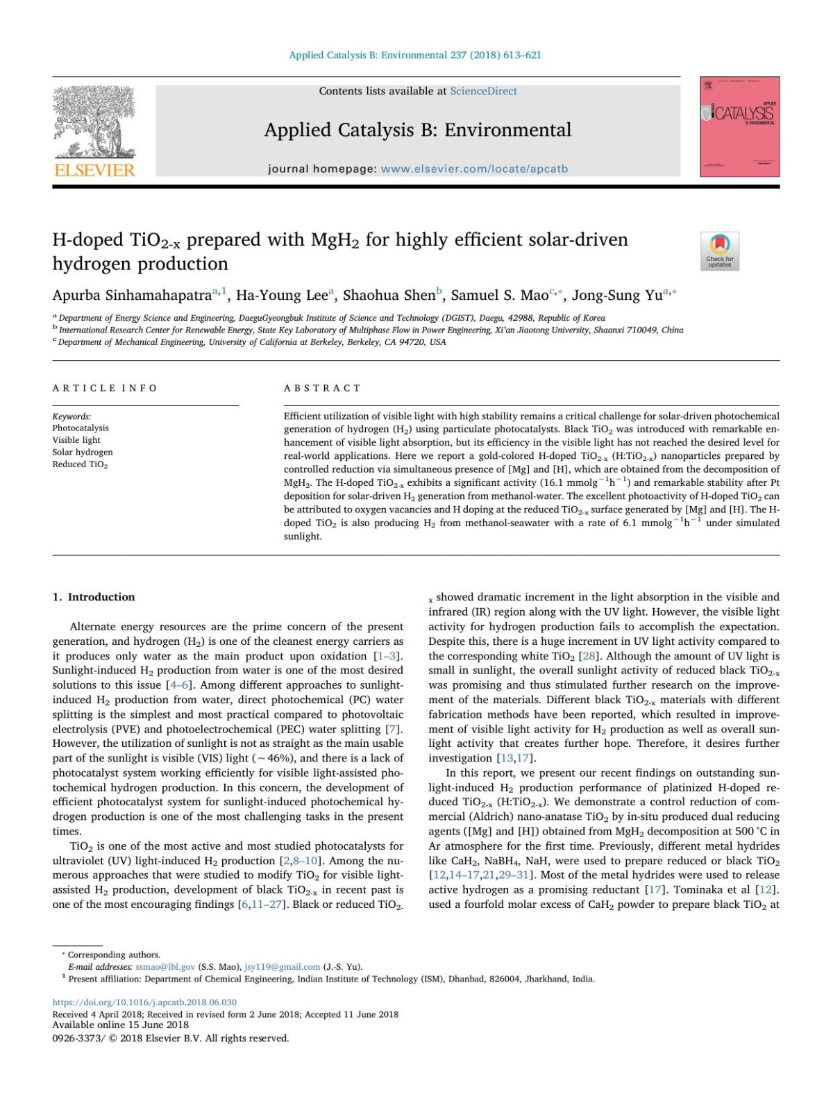 Hdoped Tio2x Prepared With Mgh2 For Highly Efficient Solardriven Hydrogen Production Apurba Sinhamahapatra Hayoung Lee Shaohua Shen Samuel S Mao Jongsung Yu