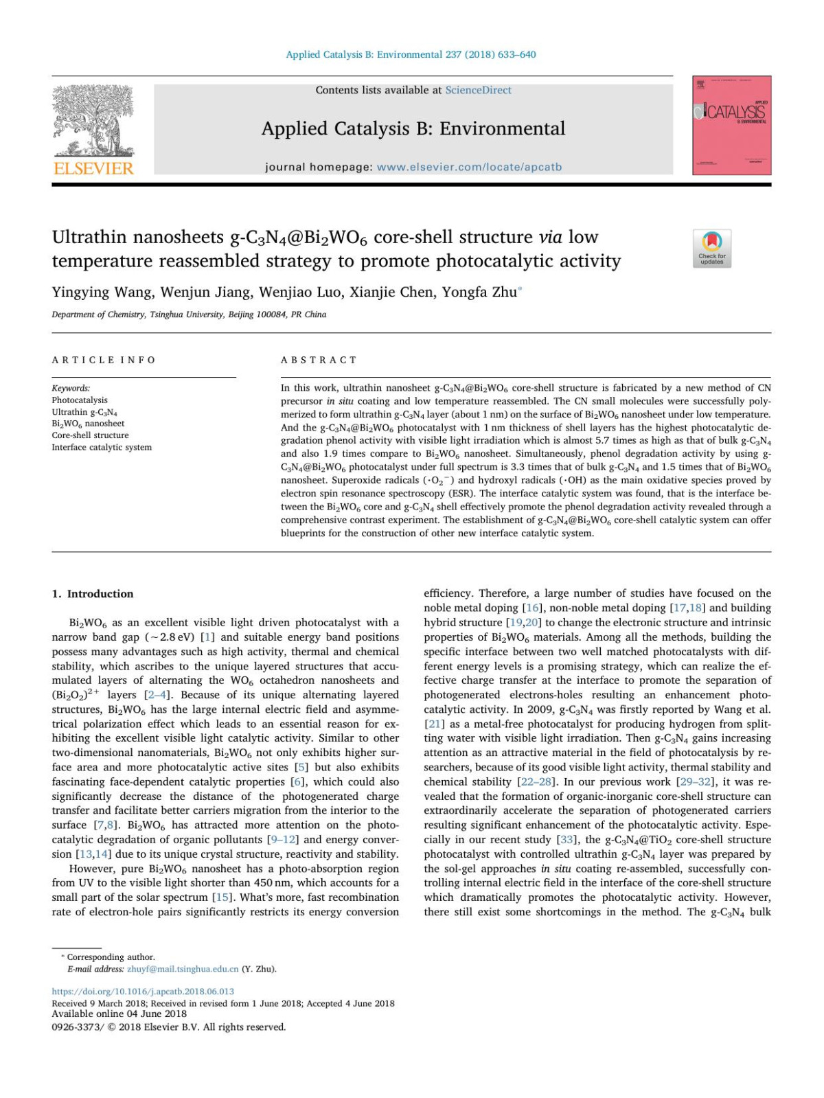 Ultrathin Nanosheets Gc3n4bi2wo6 Coreshell Structure Via Low Temperature Reassembled Strategy To Promote Photocatalytic Activity Yingying Wang Wenjun Jiang Wenjiao Luo Xianjie Chen Yongfa Zhu