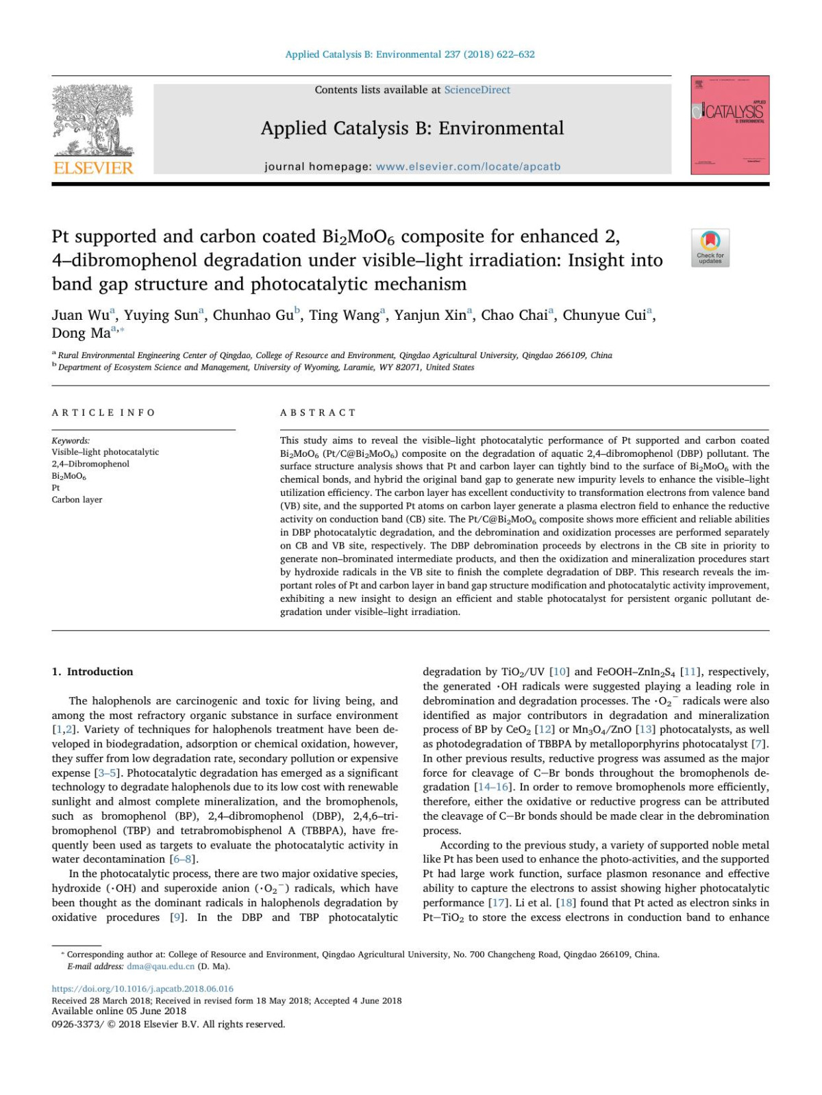 Pt Supported And Carbon Coated Bi2moo6 Composite For Enhanced 24dibromophenol Degradation Under Visiblelight Irradiation Insight Into Band Gap Structure And Photocatalytic Mechanism Juan Wu Yuying Sun Chunhao Gu Ting Wang Yanjun Xin Chao Chai Chunyue Cui Dong Ma