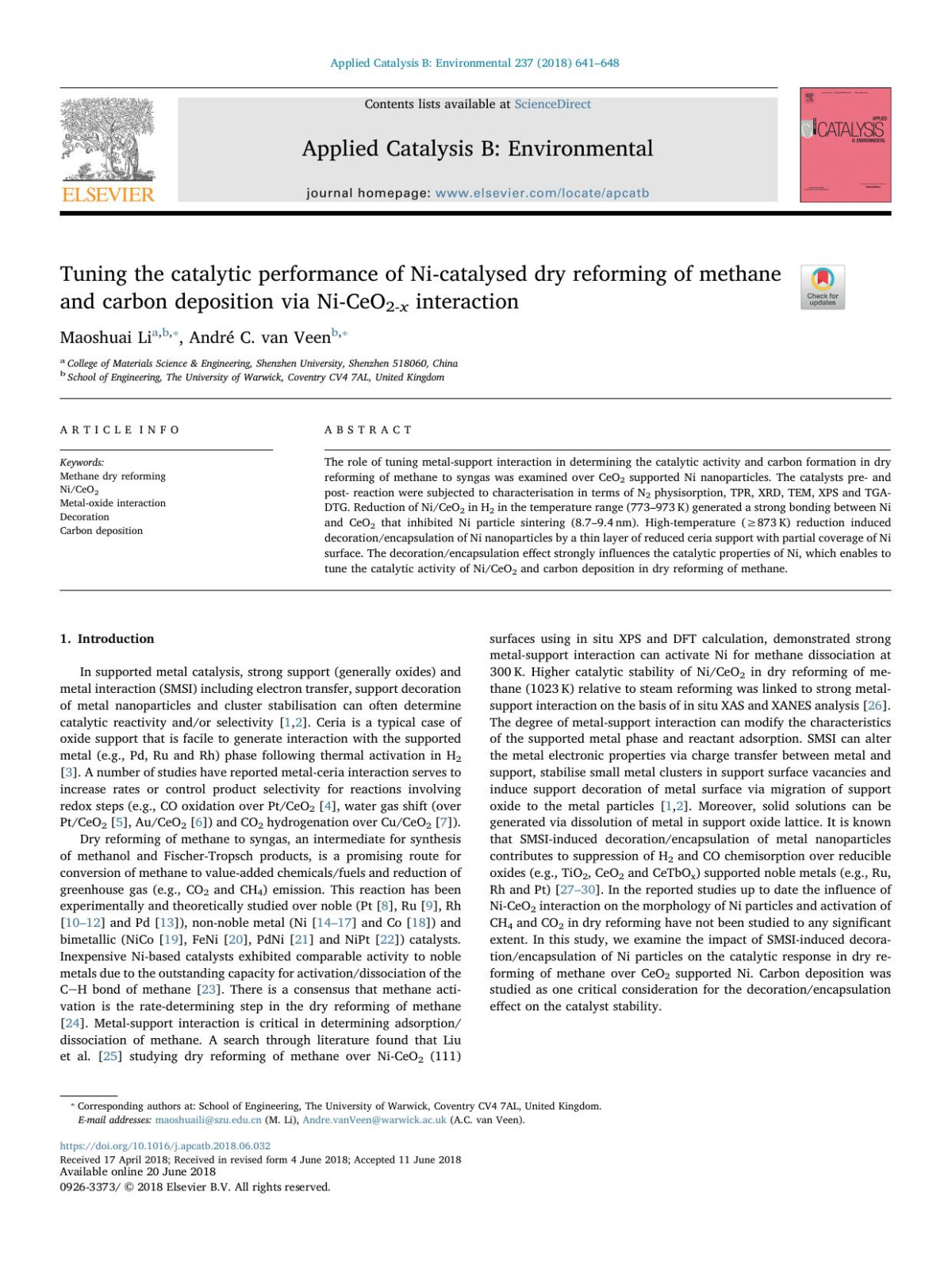 Tuning The Catalytic Performance Of Nicatalysed Dry Reforming Of Methane And Carbon Deposition Via Niceo2x Interaction Maoshuai Li Andr C Van Veen