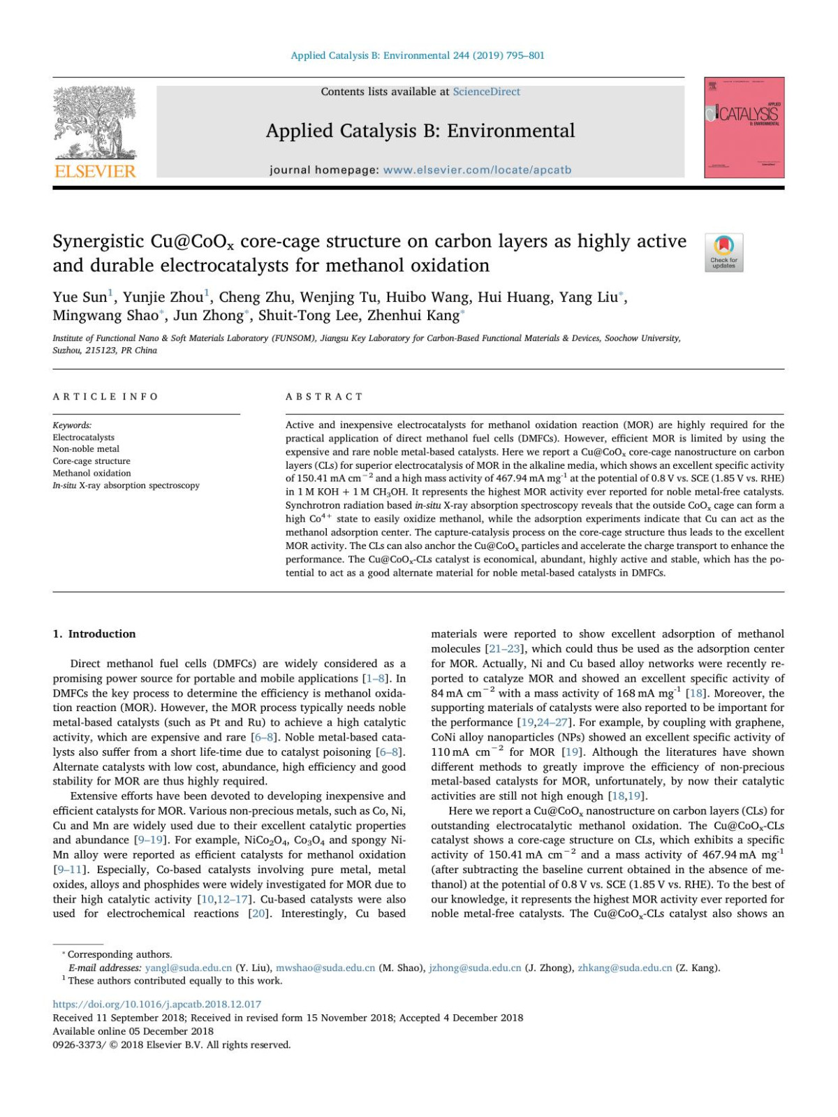 Synergistic Cucoox Corecage Structure On Carbon Layers As Highly Active And Durable Electrocatalysts For Methanol Oxidation Yue Sun Yunjie Zhou Cheng Zhu Wenjing Tu Huibo Wang Hui Huang Yang Liu Mingwang Shao Jun Zhong Shuittong Lee Zhenhui Kang