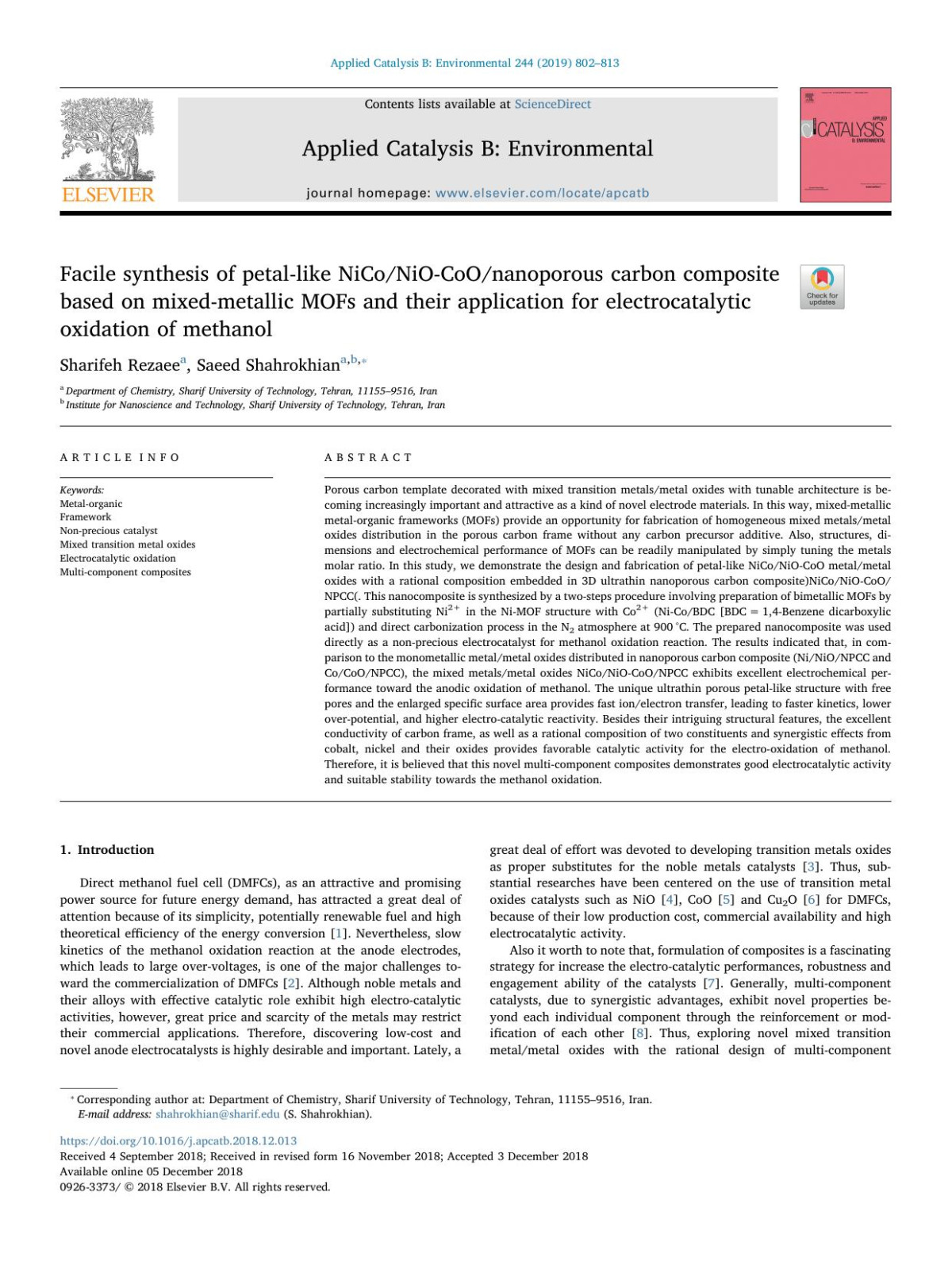 Facile Synthesis Of Petallike Niconiocoonanoporous Carbon Composite Based On Mixedmetallic Mofs And Their Application For Electrocatalytic Oxidation Of Methanol Sharifeh Rezaee Saeed Shahrokhian