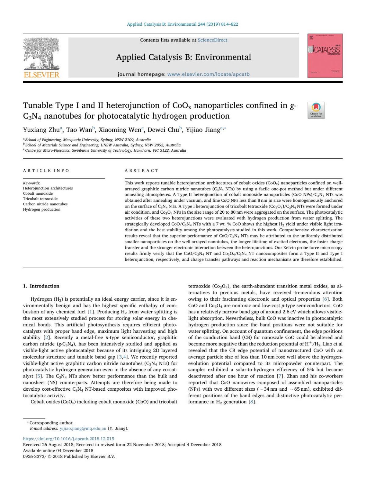 Tunable Type I And Ii Heterojunction Of Coox Nanoparticles Confined In Gc3n4 Nanotubes For Photocatalytic Hydrogen Production Yuxiang Zhu Tao Wan Xiaoming Wen Dewei Chu Yijiao Jiang