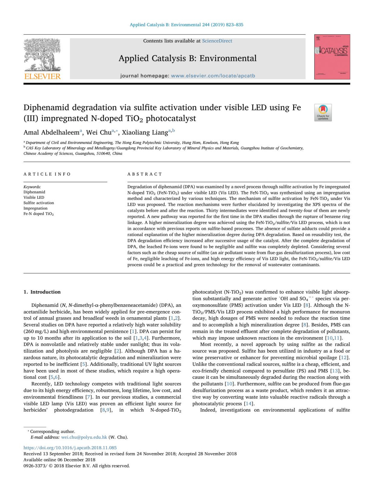 Diphenamid Degradation Via Sulfite Activation Under Visible Led Using Fe Iii Impregnated Ndoped Tio2 Photocatalyst Amal Abdelhaleem Wei Chu Xiaoliang Liang
