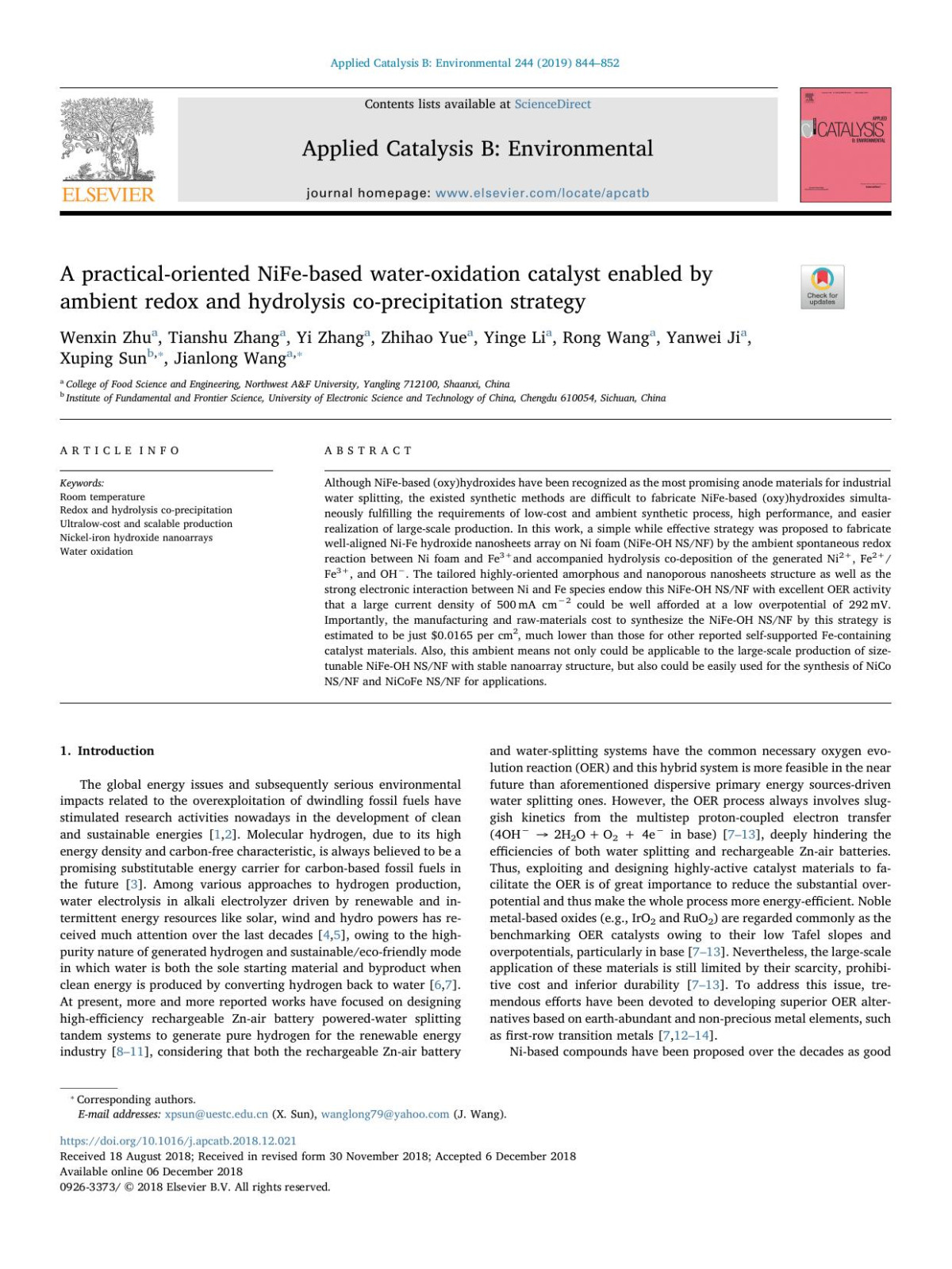 A Practicaloriented Nifebased Wateroxidation Catalyst Enabled By Ambient Redox And Hydrolysis Coprecipitation Strategy Wenxin Zhu Tianshu Zhang Yi Zhang Zhihao Yue Yinge Li Rong Wang Yanwei Ji Xuping Sun Jianlong Wang
