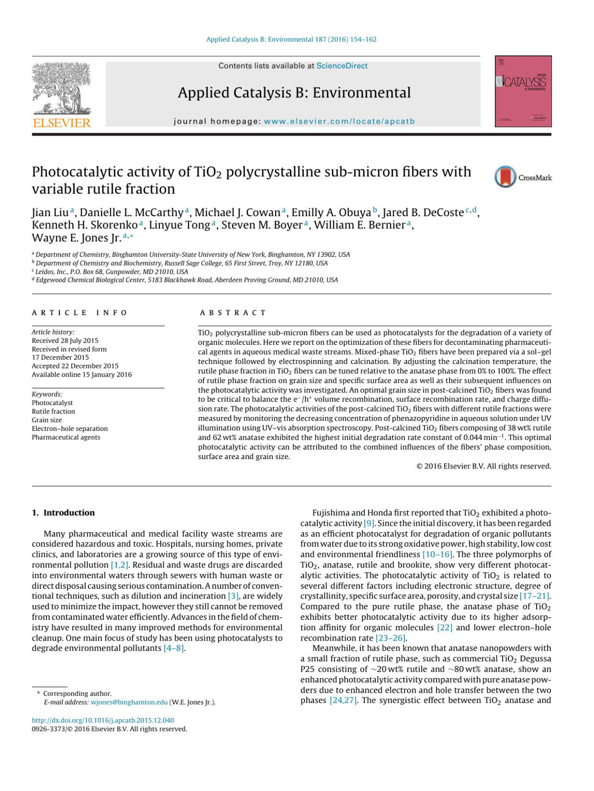 Photocatalytic Activity Of Tio2 Polycrystalline Submicron Fibers With Variable Rutile Fraction Jian Liu Danielle L Mccarthy Michael J Cowan Emilly A Obuya Jared B Decoste Kenneth H Skorenko Linyue Tong Steven M Boyer William E Bernier Wayne E Jones Jr