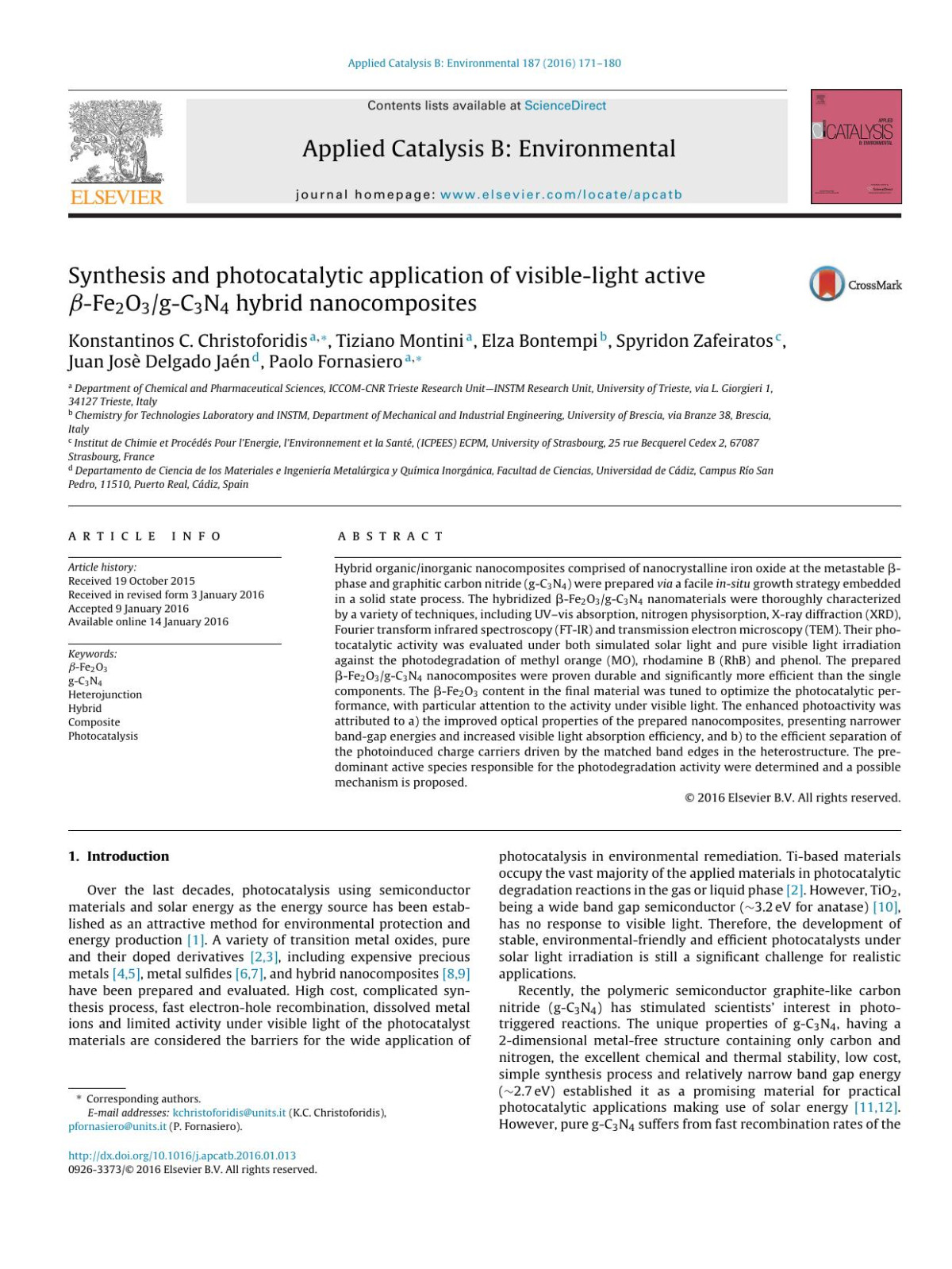 Synthesis And Photocatalytic Application Of Visiblelight Active Fe2o3gc3n4 Hybrid Nanocomposites Konstantinos C Christoforidis Tiziano Montini Elza Bontempi Spyridon Zafeiratos Juan Jos Delgado Jan Paolo Fornasiero