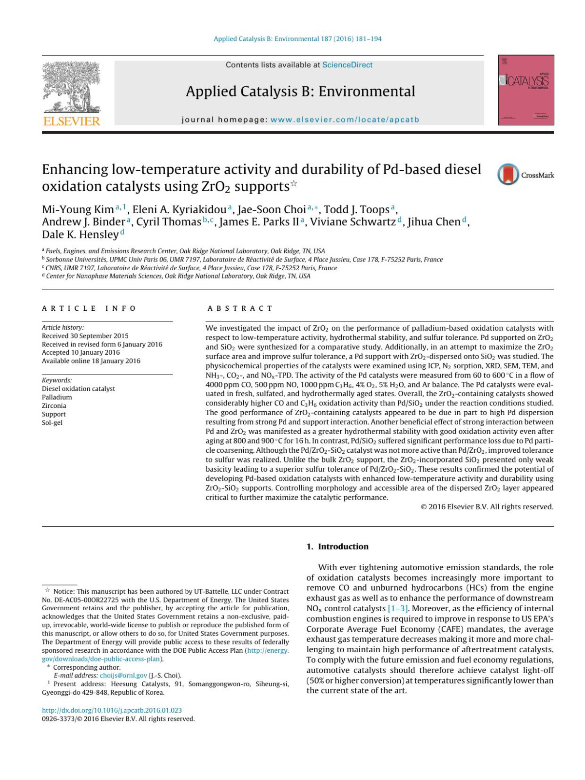 Enhancing Lowtemperature Activity And Durability Of Pdbased Diesel Oxidation Catalysts Using Zro2 Supports Miyoung Kim Eleni A Kyriakidou Jaesoon Choi Todd J Toops Andrew J Binder Cyril Thomas James E Parks Ii Viviane Schwartz Jihua Chen Dale K Hensley