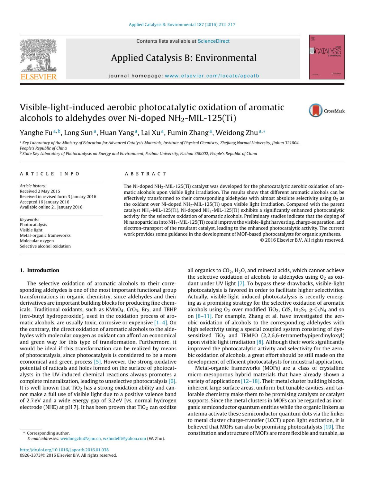 Visiblelightinduced Aerobic Photocatalytic Oxidation Of Aromatic Alcohols To Aldehydes Over Nidoped Nh2mil125ti Yanghe Fu Long Sun Huan Yang Lai Xu Fumin Zhang Weidong Zhu
