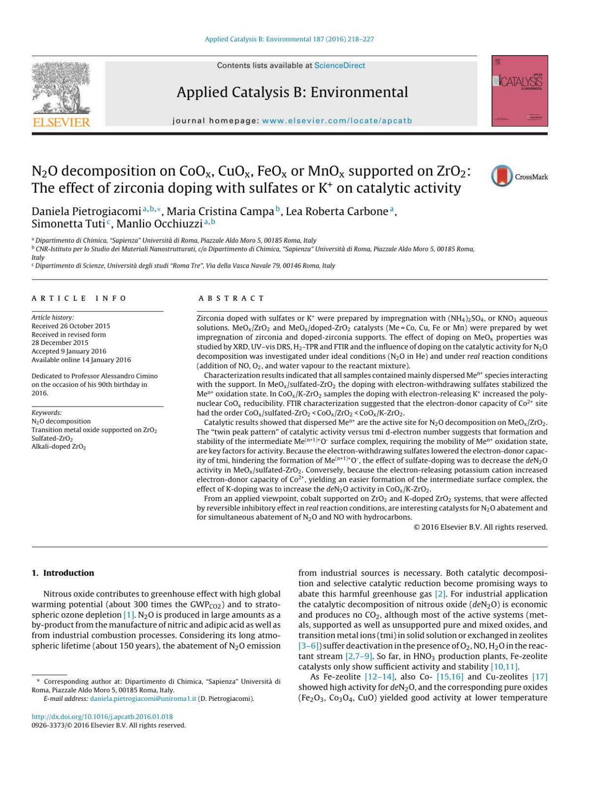 N2o Decomposition On Coox Cuox Feox Or Mnox Supported On Zro2 The Effect Of Zirconia Doping With Sulfates Or K On Catalytic Activity Daniela Pietrogiacomi Maria Cristina Campa Lea Roberta Carbone Simonetta Tuti Manlio Occhiuzzi