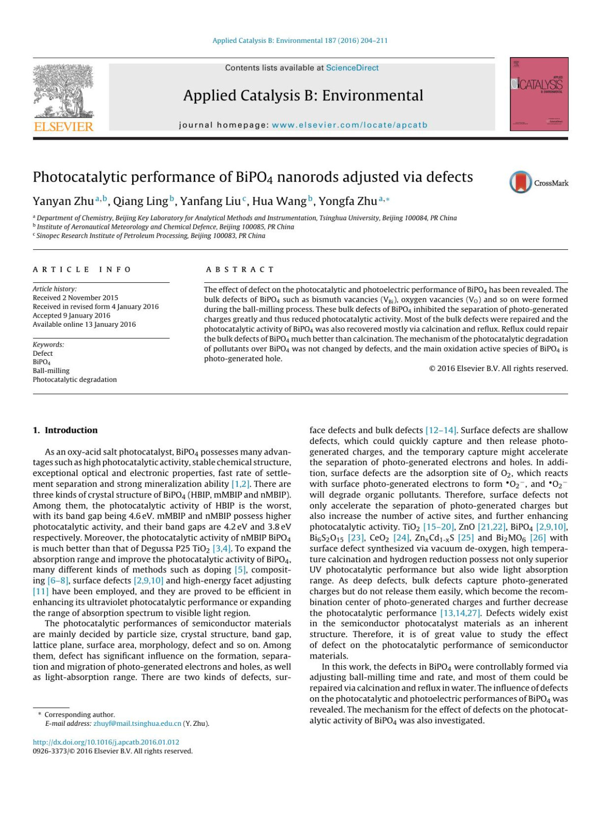 Photocatalytic Performance Of Bipo4 Nanorods Adjusted Via Defects Yanyan Zhu Qiang Ling Yanfang Liu Hua Wang Yongfa Zhu