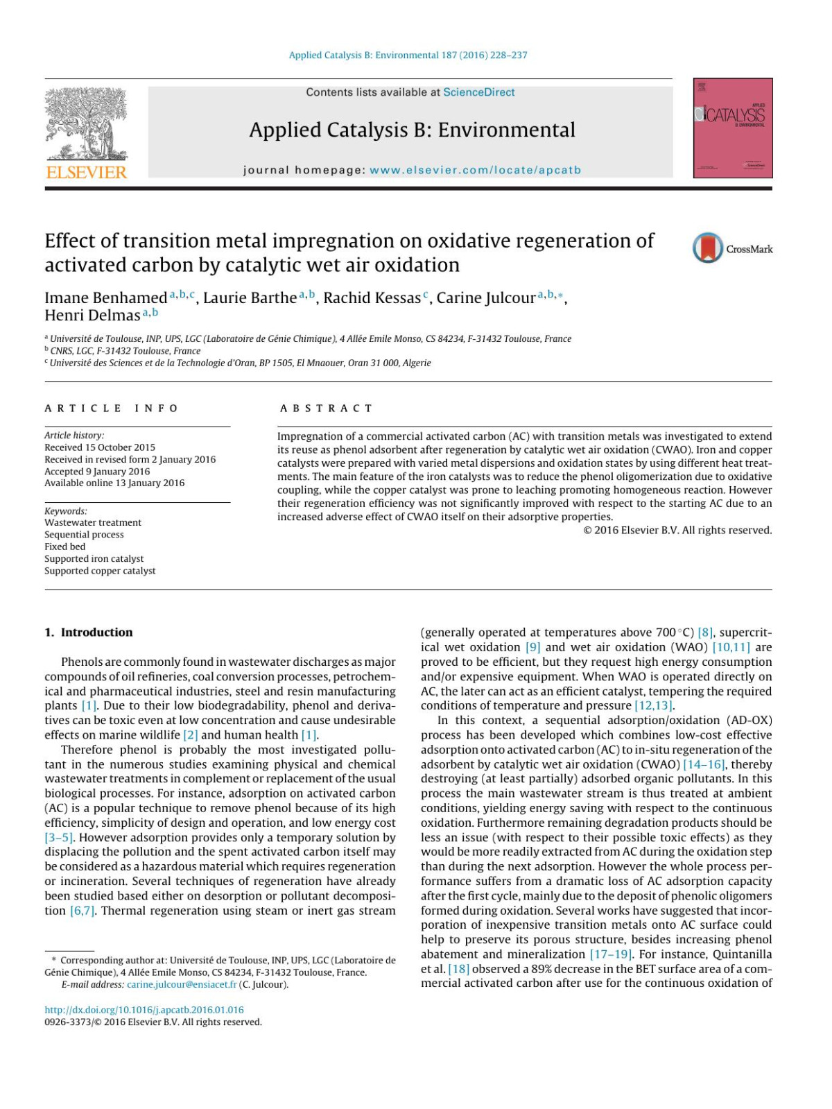 Effect Of Transition Metal Impregnation On Oxidative Regeneration Of Activated Carbon By Catalytic Wet Air Oxidation Imane Benhamed Laurie Barthe Rachid Kessas Carine Julcour Henri Delmas