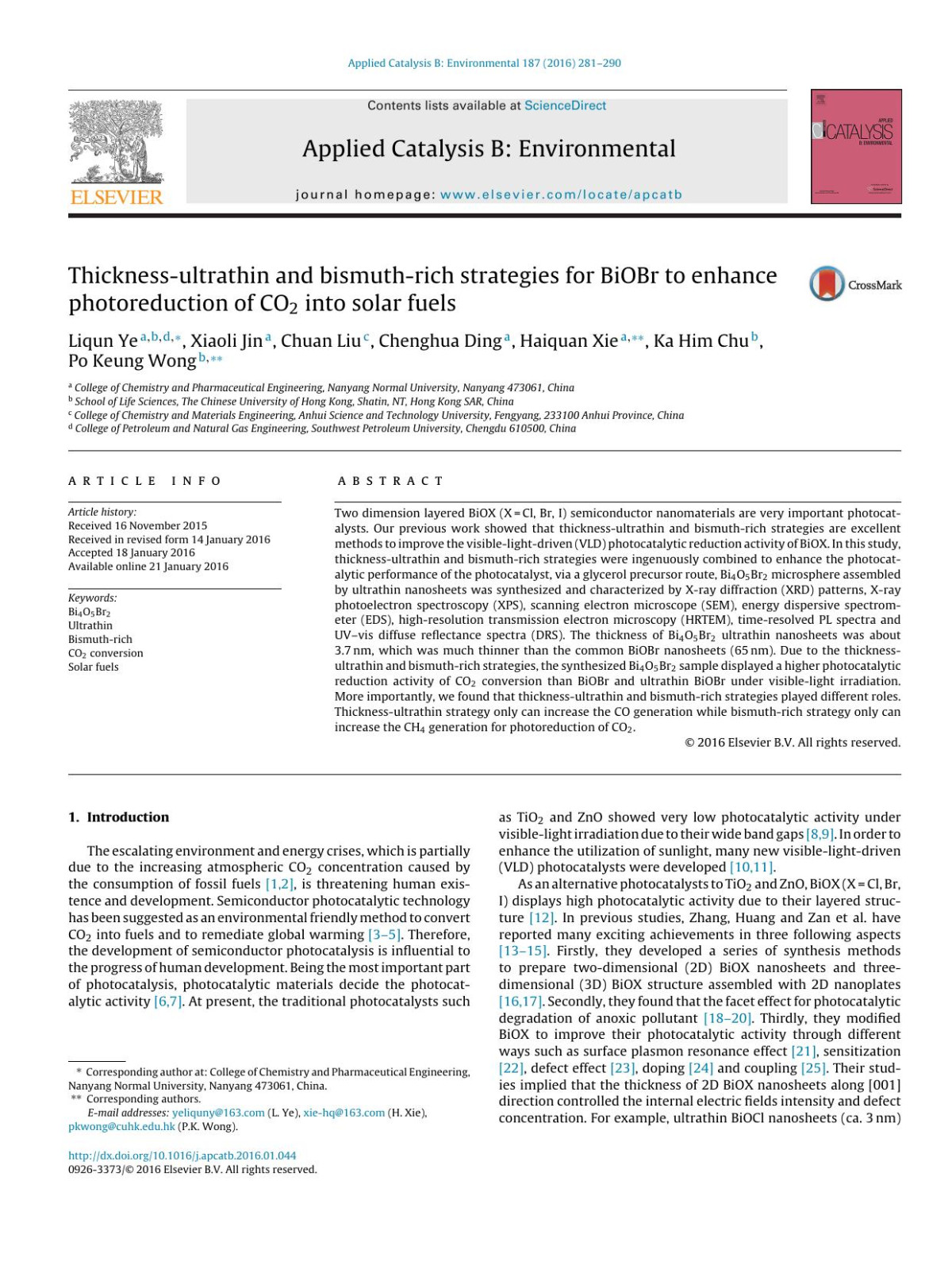 Thicknessultrathin And Bismuthrich Strategies For Biobr To Enhance Photoreduction Of Co2 Into Solar Fuels Liqun Ye Xiaoli Jin Chuan Liu Chenghua Ding Haiquan Xie Ka Him Chu Po Keung Wong