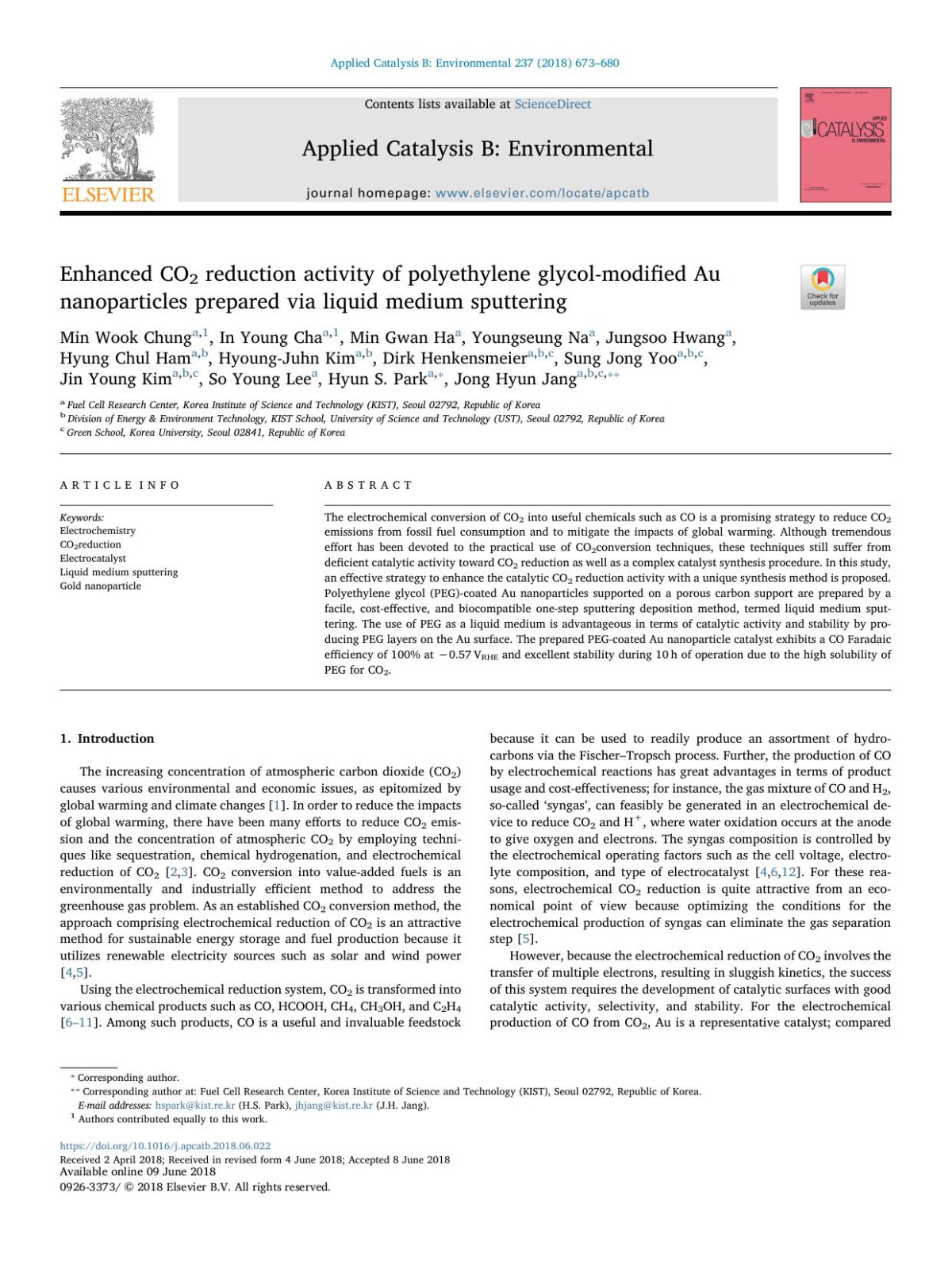 Enhanced Co2 Reduction Activity Of Polyethylene Glycolmodified Au Nanoparticles Prepared Via Liquid Medium Sputtering Min Wook Chung In Young Cha Min Gwan Ha Youngseung Na Jungsoo Hwang Hyung Chul Ham Hyoungjuhn Kim Dirk Henkensmeier Sung Jong Yoo Jin Young Kim So Young Lee Hyun S Park Jong Hyun Jang