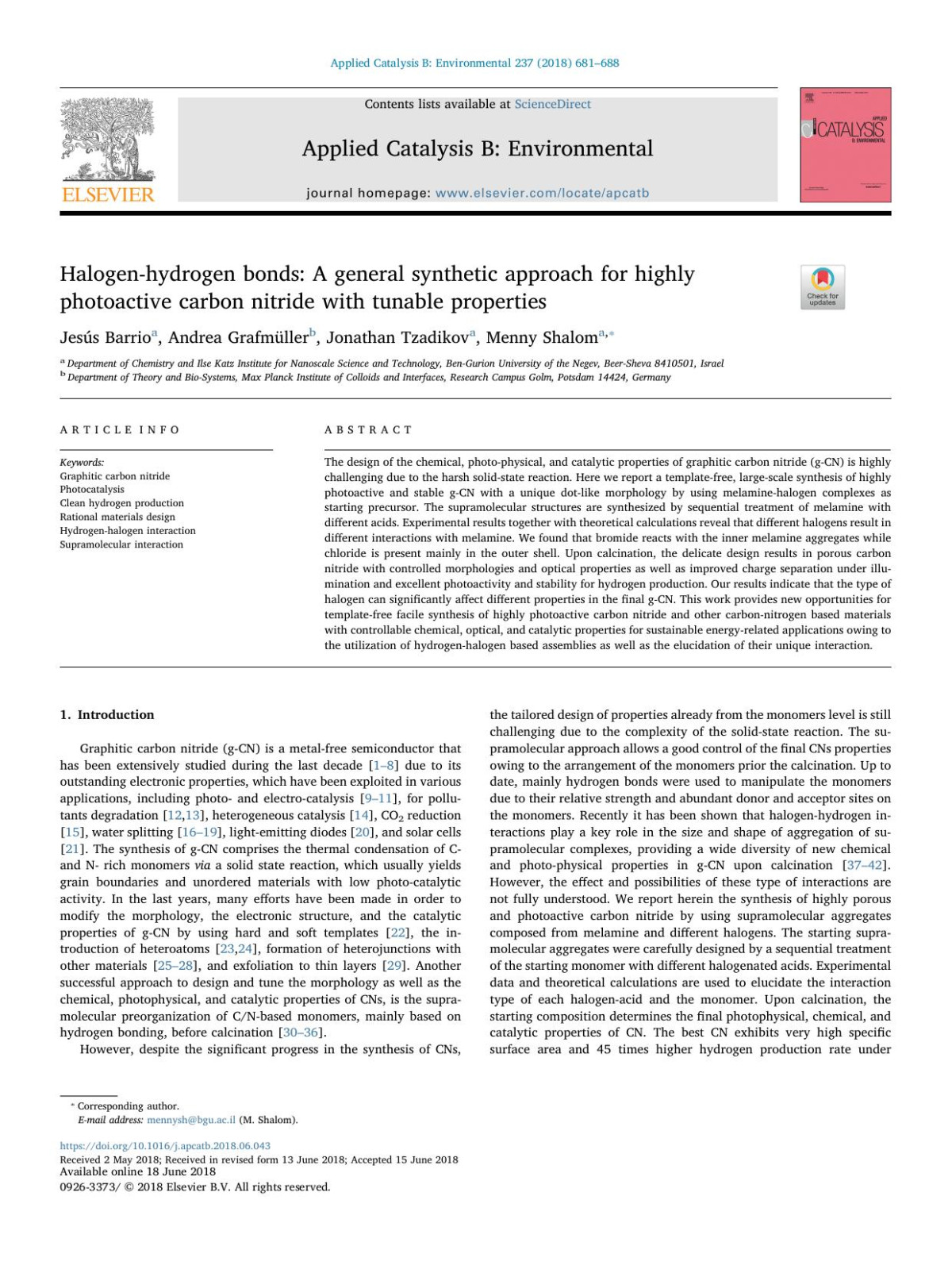 Halogenhydrogen Bonds A General Synthetic Approach For Highly Photoactive Carbon Nitride With Tunable Properties Jess Barrio Andrea Grafmller Jonathan Tzadikov Menny Shalom