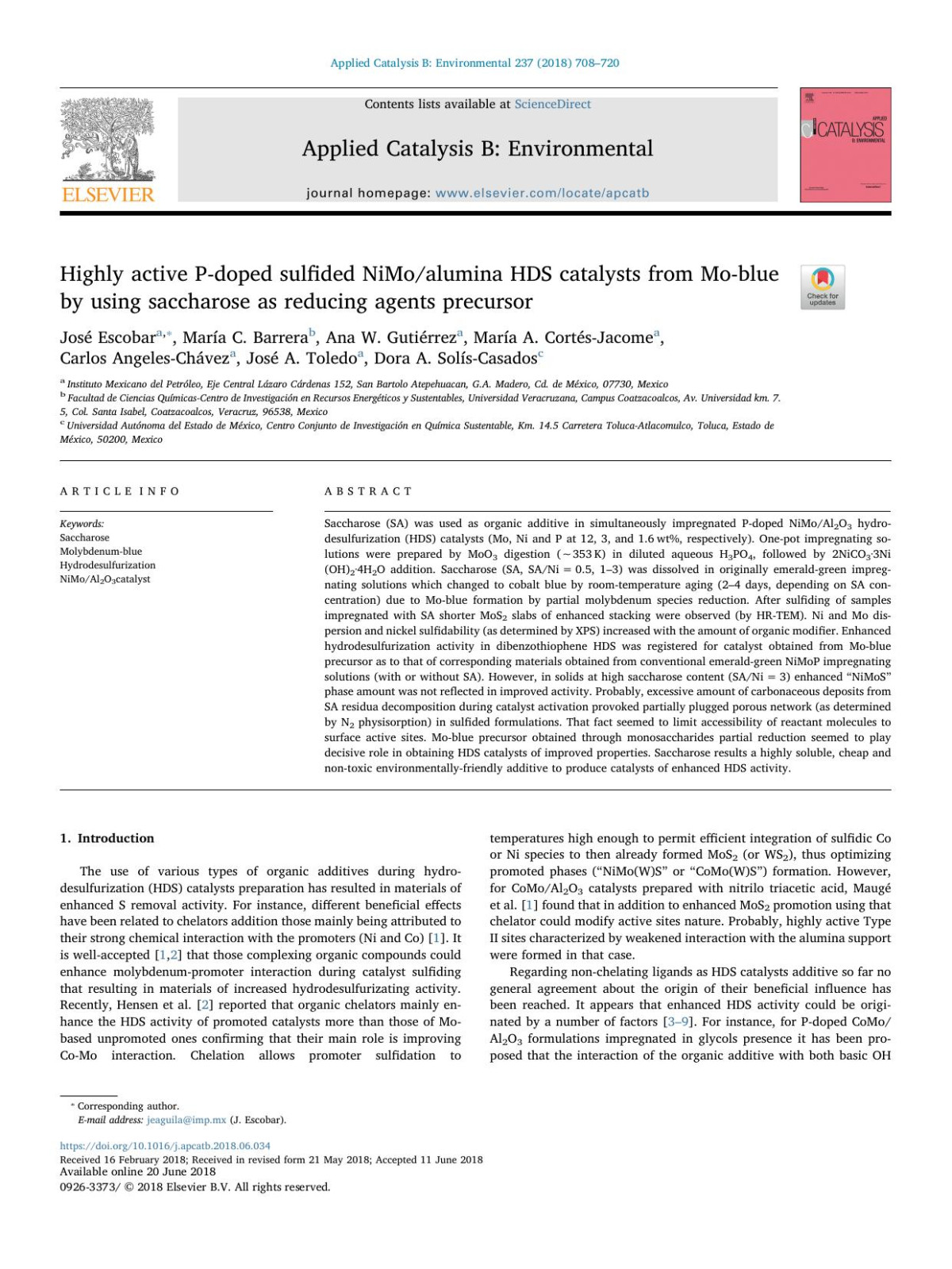 Highly Active Pdoped Sulfided Nimoalumina Hds Catalysts From Moblue By Using Saccharose As Reducing Agents Precursor Jos Escobar Mara C Barrera Ana W Gutirrez Mara A Cortsjacome Carlos Angeleschvez Jos A Toledo Dora A Solscasados