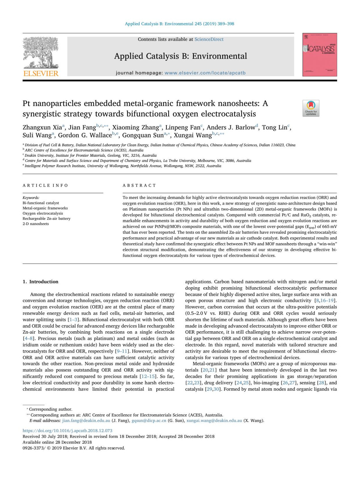 Pt Nanoparticles Embedded Metalorganic Framework Nanosheets A Synergistic Strategy Towards Bifunctional Oxygen Electrocatalysis Zhangxun Xia Jian Fang Xiaoming Zhang Linpeng Fan Anders J Barlow Tong Lin Suli Wang Gordon G Wallace Gongquan Sun Xungai Wang
