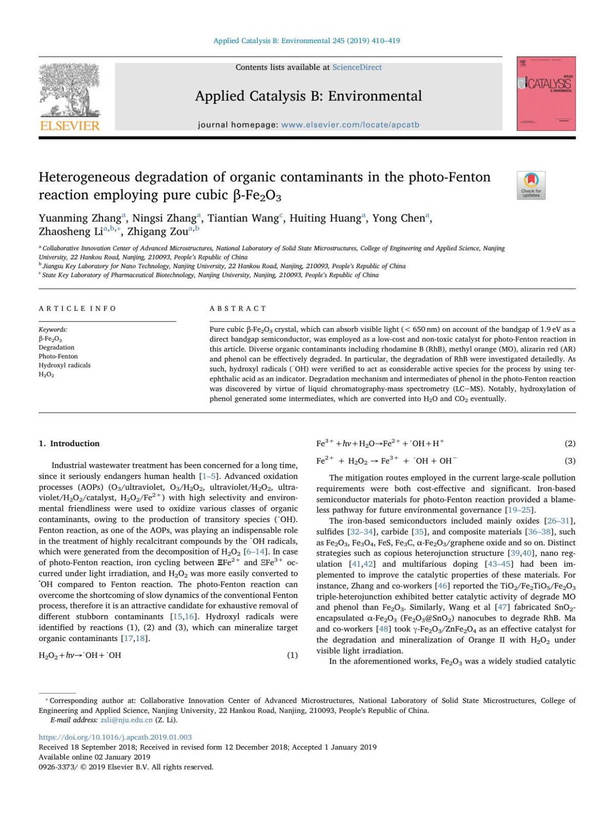 Heterogeneous Degradation Of Organic Contaminants In The Photofenton Reaction Employing Pure Cubic Fe2o3 Yuanming Zhang Ningsi Zhang Tiantian Wang Huiting Huang Yong Chen Zhaosheng Li Zhigang Zou