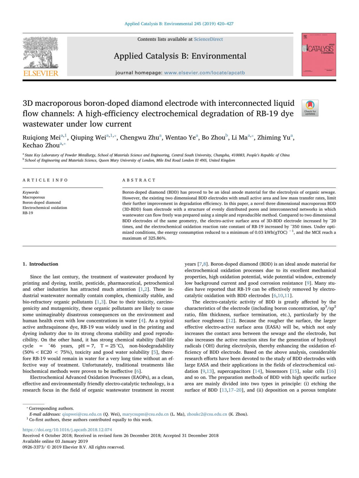 3d Macroporous Borondoped Diamond Electrode With Interconnected Liquid Flow Channels A Highefficiency Electrochemical Degradation Of Rb19 Dye Wastewater Under Low Current Ruiqiong Mei Qiuping Wei Chengwu Zhu Wentao Ye Bo Zhou Li Ma Zhiming Yu Kechao Zhou