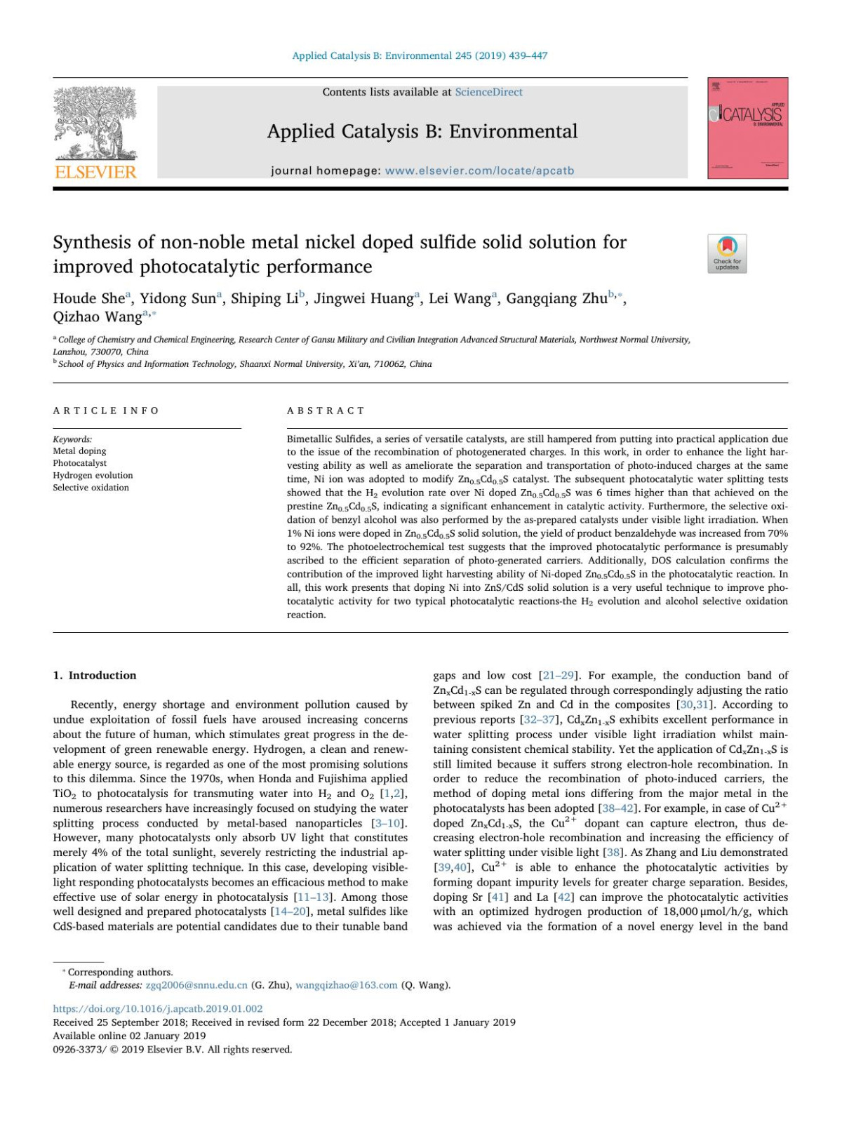 Synthesis Of Nonnoble Metal Nickel Doped Sulfide Solid Solution For Improved Photocatalytic Performance Houde She Yidong Sun Shiping Li Jingwei Huang Lei Wang Gangqiang Zhu Qizhao Wang