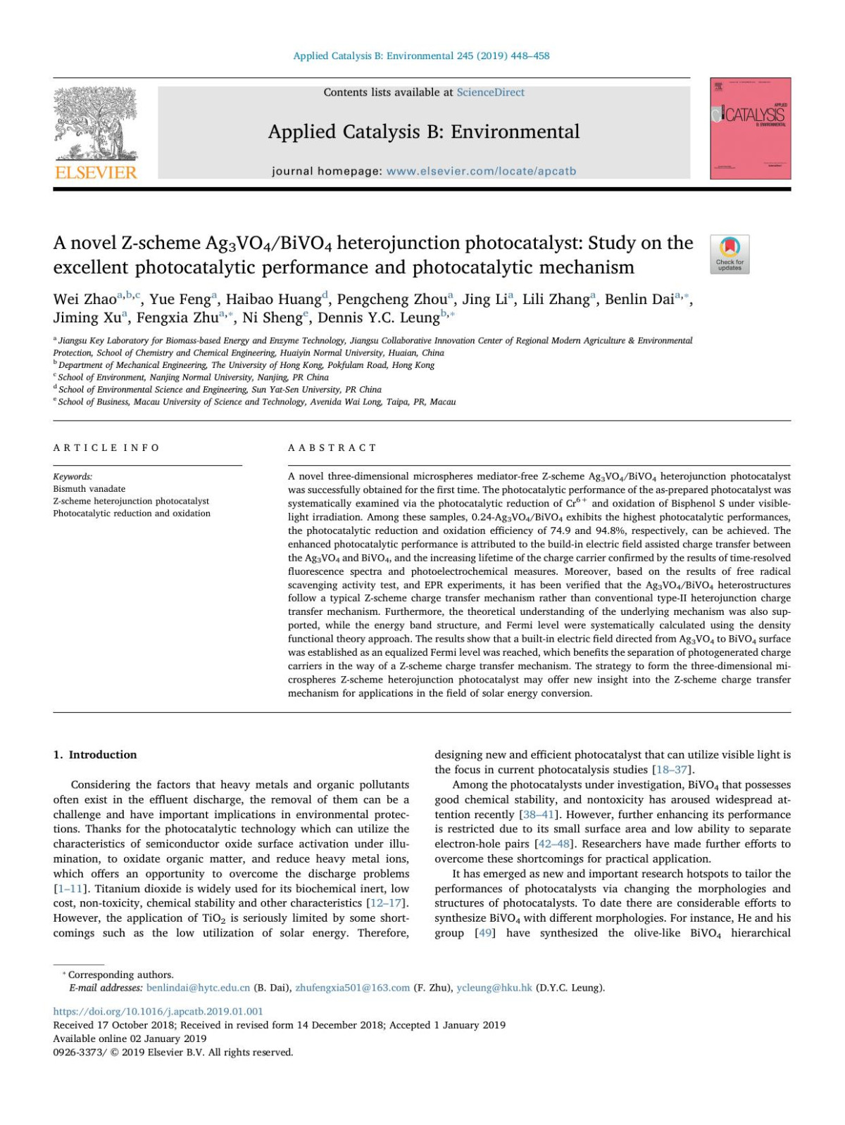 A Novel Zscheme Ag3vo4bivo4 Heterojunction Photocatalyst Study On The Excellent Photocatalytic Performance And Photocatalytic Mechanism Wei Zhao Yue Feng Haibao Huang Pengcheng Zhou Jing Li Lili Zhang Benlin Dai Jiming Xu Fengxia Zhu Ni Sheng Dennis Yc Leung