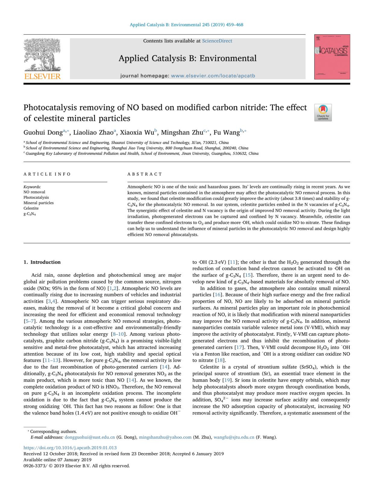 Photocatalysis Removing Of No Based On Modified Carbon Nitride The Effect Of Celestite Mineral Particles Guohui Dong Liaoliao Zhao Xiaoxia Wu Mingshan Zhu Fu Wang