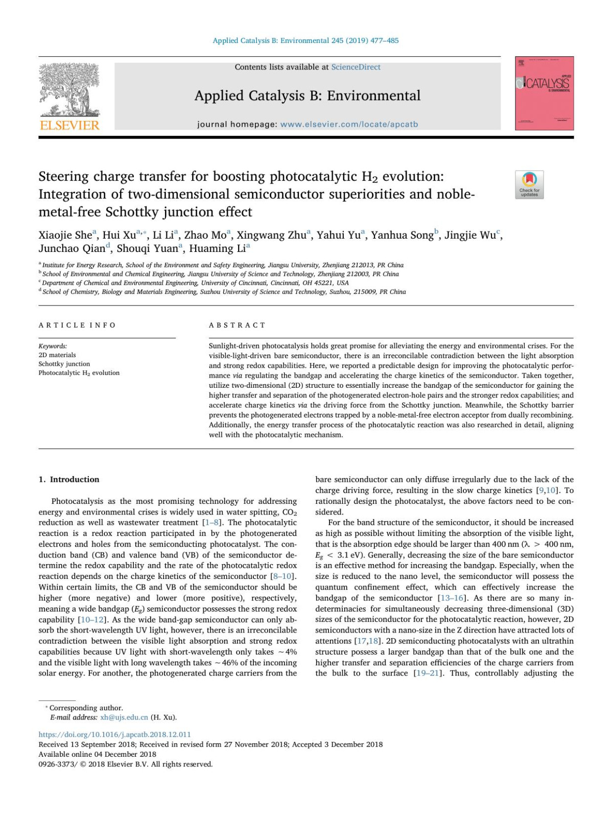Steering Charge Transfer For Boosting Photocatalytic H2 Evolution Integration Of Twodimensional Semiconductor Superiorities And Noblemetalfree Schottky Junction Effect Xiaojie She Hui Xu Li Li Zhao Mo Xingwang Zhu Yahui Yu Yanhua Song Jingjie Wu Junchao Qian Shouqi Yuan Huaming Li
