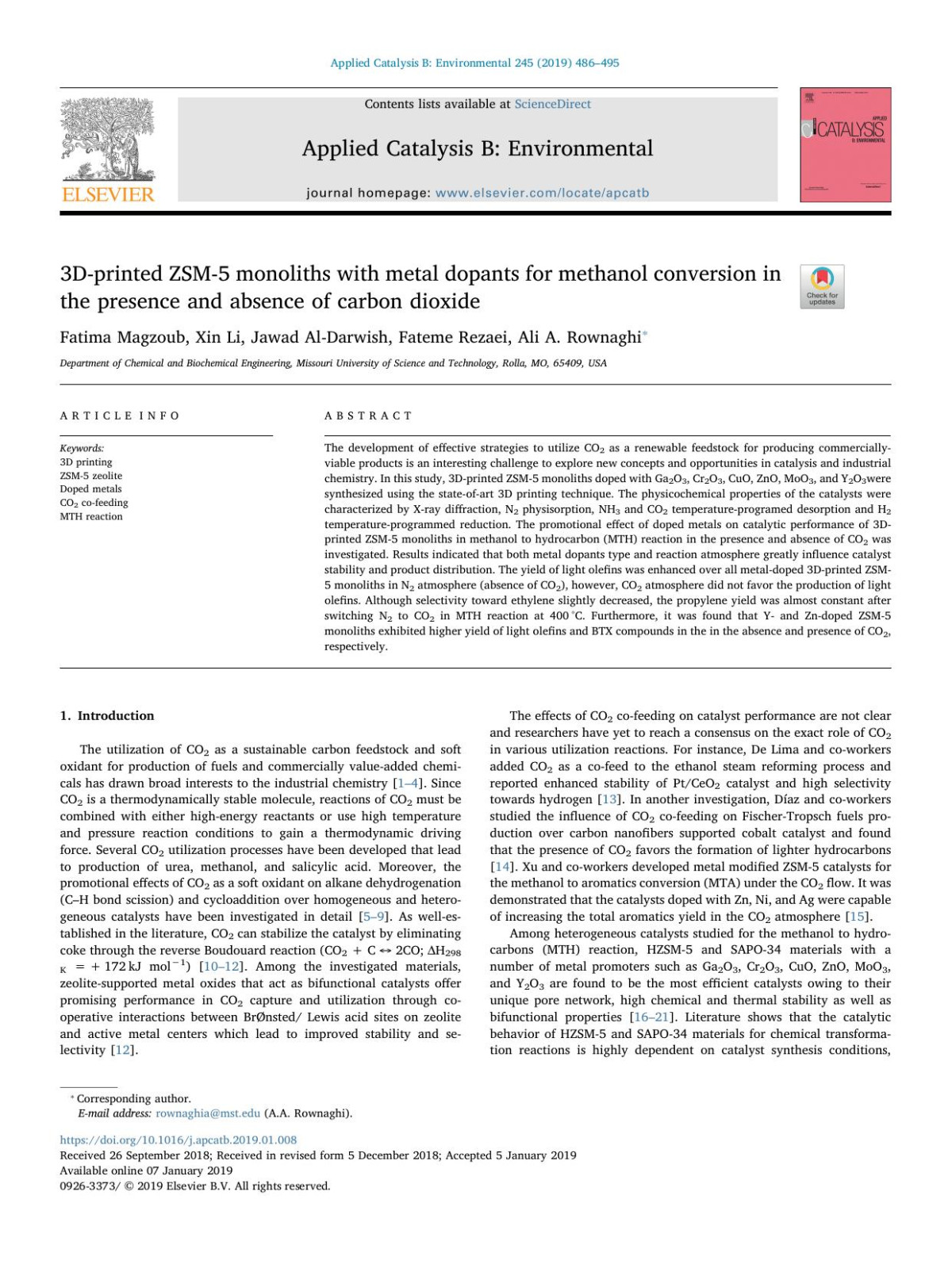 3dprinted Zsm5 Monoliths With Metal Dopants For Methanol Conversion In The Presence And Absence Of Carbon Dioxide Fatima Magzoub Xin Li Jawad Aldarwish Fateme Rezaei Ali A Rownaghi