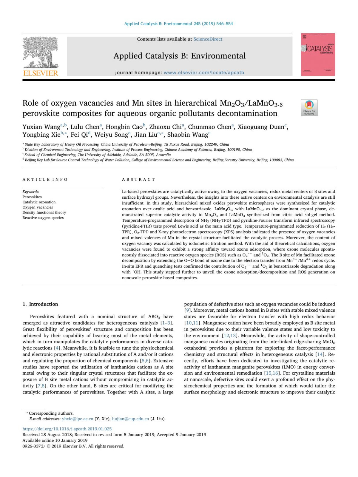 Role Of Oxygen Vacancies And Mn Sites In Hierarchical Mn2o3lamno3 Perovskite Composites For Aqueous Organic Pollutants Decontamination Yuxian Wang Lulu Chen Hongbin Cao Zhaoxu Chi Chunmao Chen Xiaoguang Duan Yongbing Xie Fei Qi Weiyu Song Jian Liu Shaobin Wang