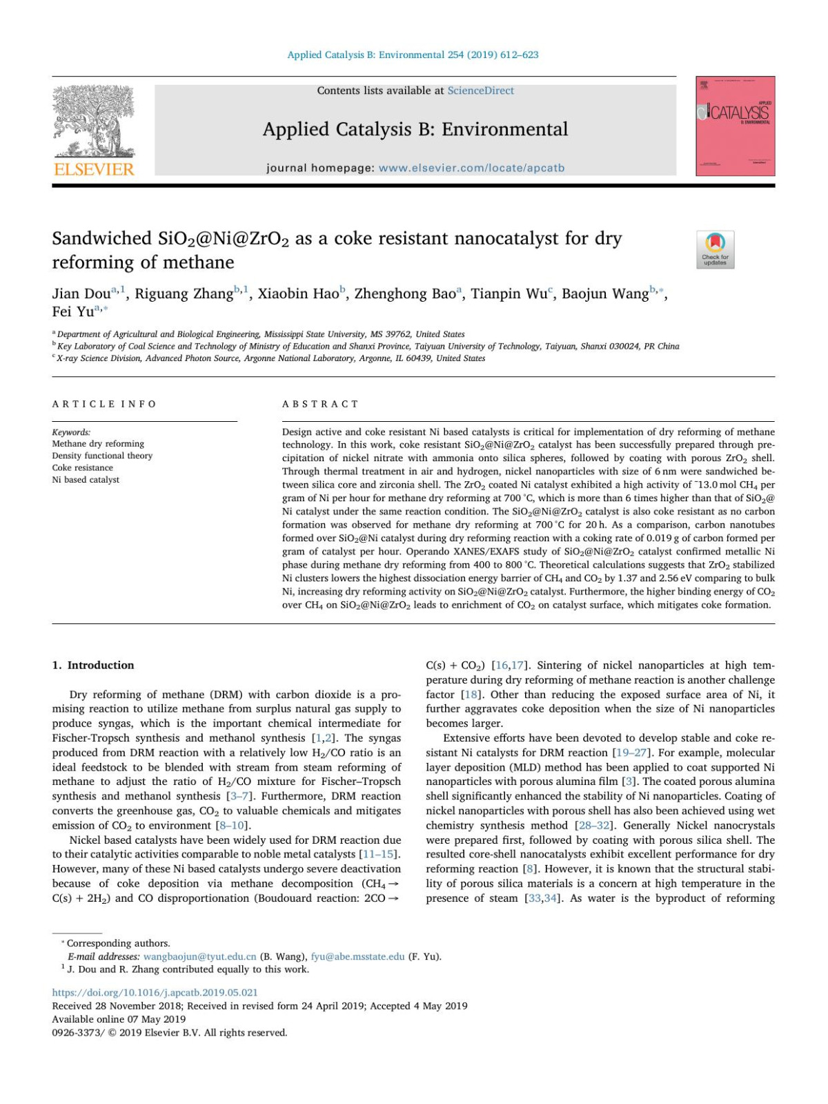 Sandwiched Sio2nizro2 As A Coke Resistant Nanocatalyst For Dry Reforming Of Methane Jian Dou Riguang Zhang Xiaobin Hao Zhenghong Bao Tianpin Wu Baojun Wang Fei Yu