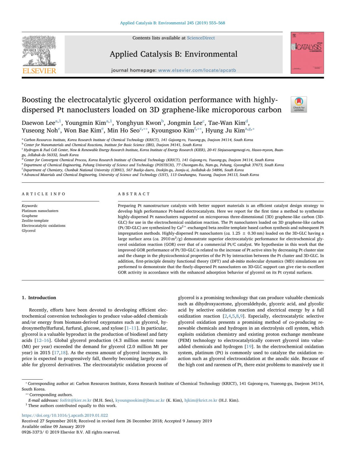 Boosting The Electrocatalytic Glycerol Oxidation Performance With Highlydispersed Pt Nanoclusters Loaded On 3d Graphenelike Microporous Carbon Daewon Lee Youngmin Kim Yonghyun Kwon Jongmin Lee Taewan Kim Yuseong Noh Won Bae Kim Min Ho Seo Kyoungsoo Kim Hyung Ju Kim
