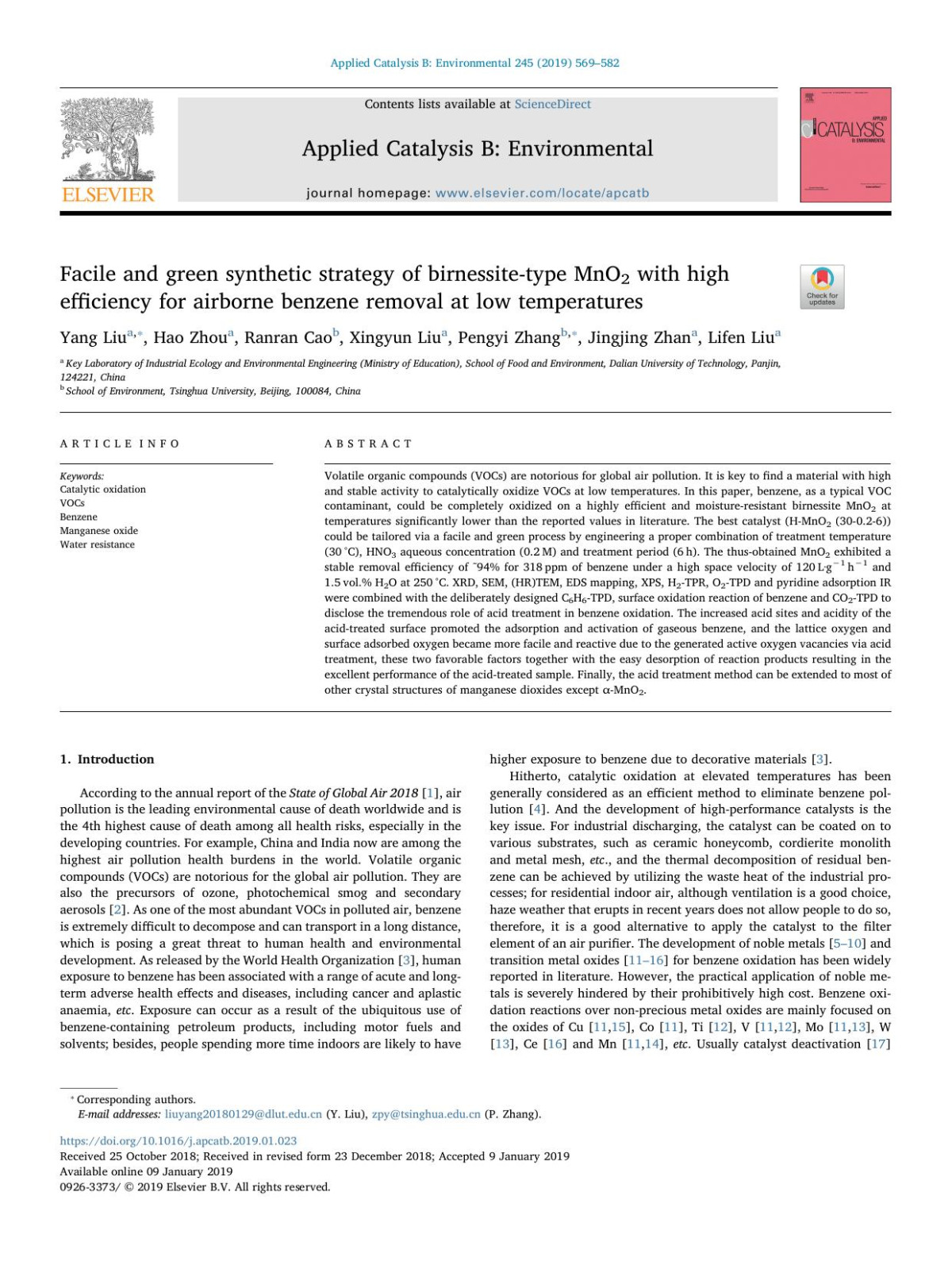 Facile And Green Synthetic Strategy Of Birnessitetype Mno2 With High Efficiency For Airborne Benzene Removal At Low Temperatures Yang Liu Hao Zhou Ranran Cao Xingyun Liu Pengyi Zhang Jingjing Zhan Lifen Liu