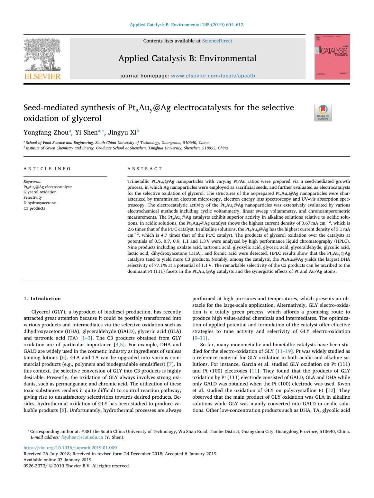 Seedmediated Synthesis Of Ptxauyag Electrocatalysts For The Selective Oxidation Of Glycerol Yongfang Zhou Yi Shen Jingyu Xi