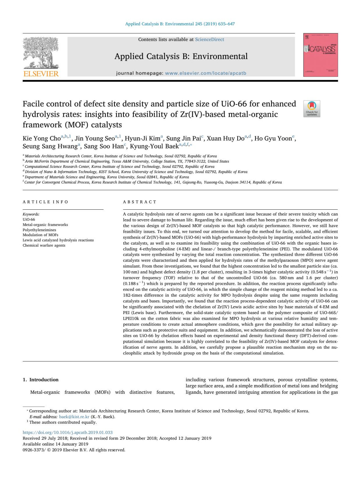 Facile Control Of Defect Site Density And Particle Size Of Uio66 For Enhanced Hydrolysis Rates Insights Into Feasibility Of Zrivbased Metalorganic Framework Mof Catalysts Kie Yong Cho Jin Young Seo Hyunji Kim Sung Jin Pai Xuan Huy Do Ho Gyu Yoon Seung Sang Hwang Sang Soo Han Kyungyoul Baek