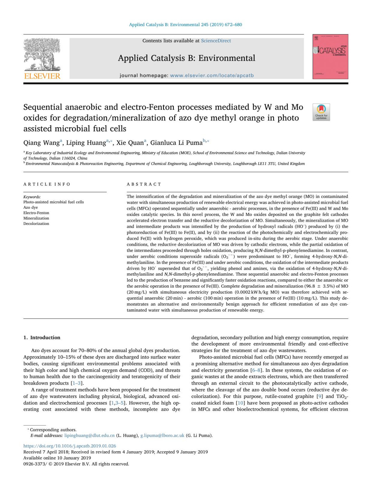 Sequential Anaerobic And Electrofenton Processes Mediated By W And Mo Oxides For Degradationmineralization Of Azo Dye Methyl Orange In Photo Assisted Microbial Fuel Cells Qiang Wang Liping Huang Xie Quan Gianluca Li Puma