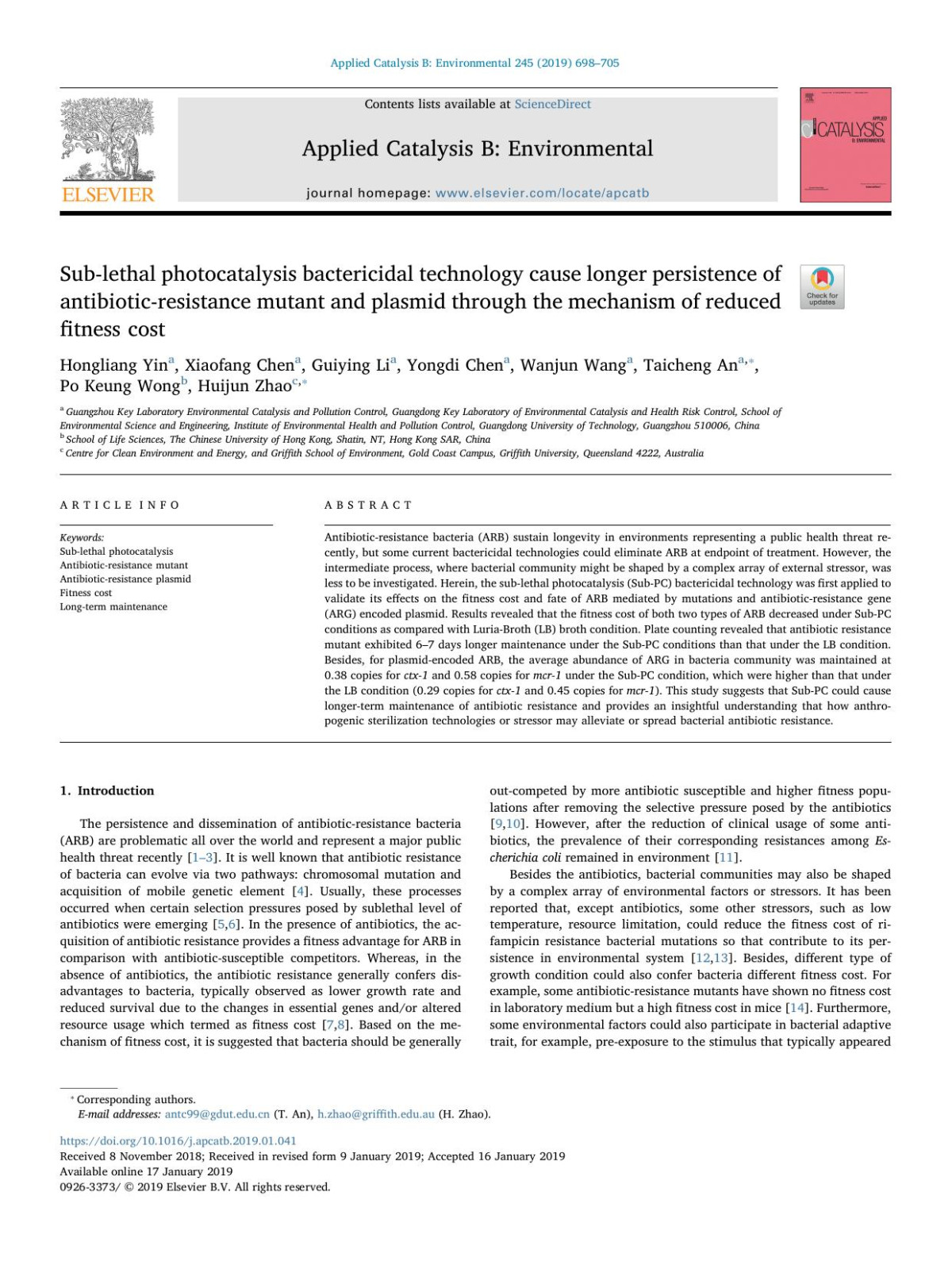 Sublethal Photocatalysis Bactericidal Technology Cause Longer Persistence Of Antibioticresistance Mutant And Plasmid Through The Mechanism Of Reduced Fitness Cost Hongliang Yin Xiaofang Chen Guiying Li Yongdi Chen Wanjun Wang Taicheng An Po Keung Wong Huijun Zhao