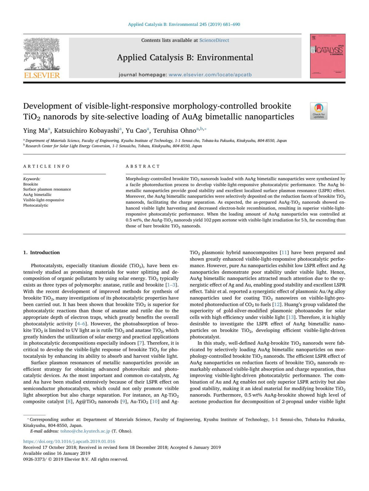 Development Of Visiblelightresponsive Morphologycontrolled Brookite Tio2 Nanorods By Siteselective Loading Of Auag Bimetallic Nanoparticles Ying Ma Katsuichiro Kobayashi Yu Cao Teruhisa Ohno