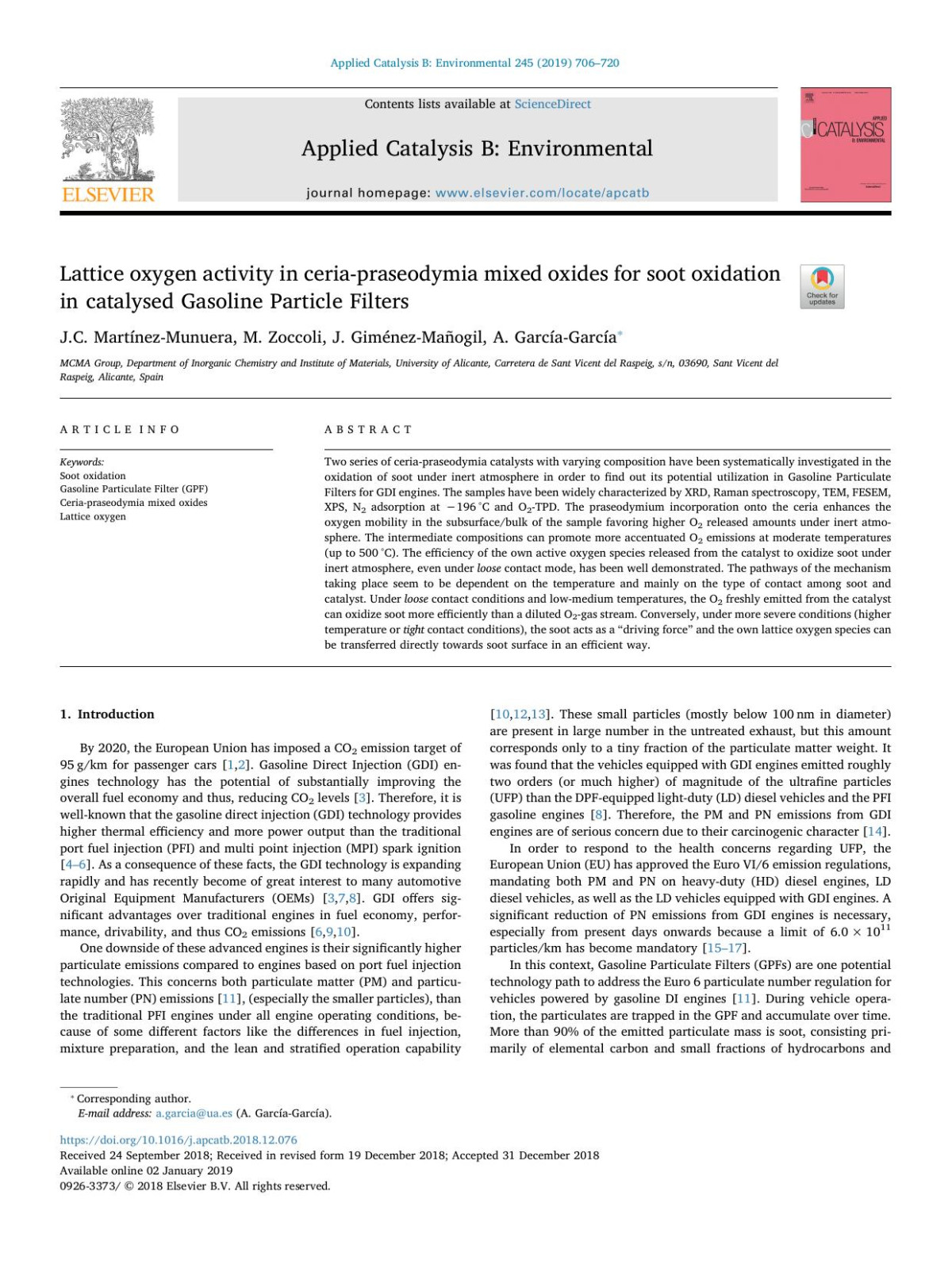 Lattice Oxygen Activity In Ceriapraseodymia Mixed Oxides For Soot Oxidation In Catalysed Gasoline Particle Filters Jc Martnezmunuera M Zoccoli J Gimnezmaogil A Garcagarca